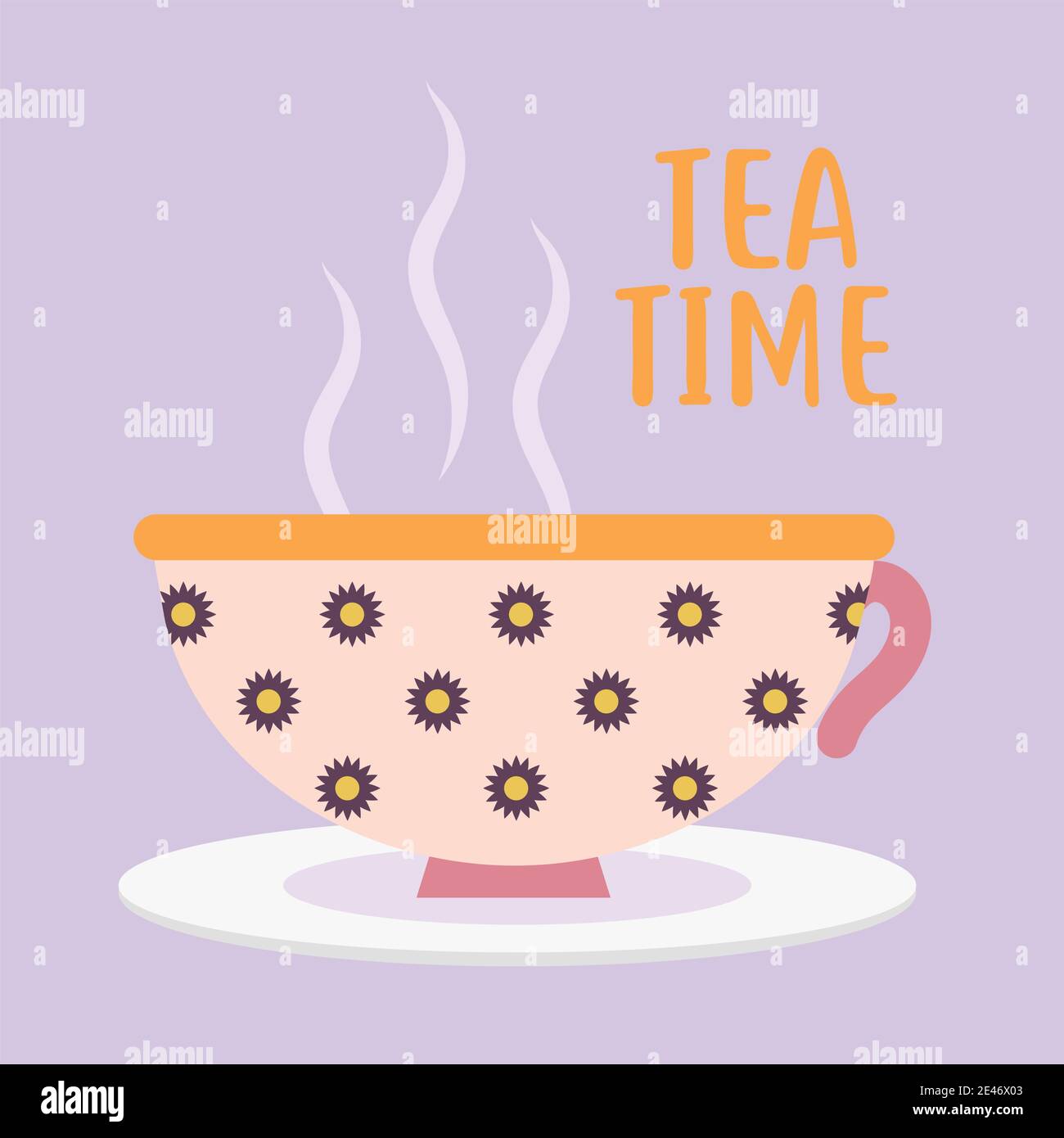 scritta del tempo del tè con tazza di caffè rosa e fiori Illustrazione Vettoriale