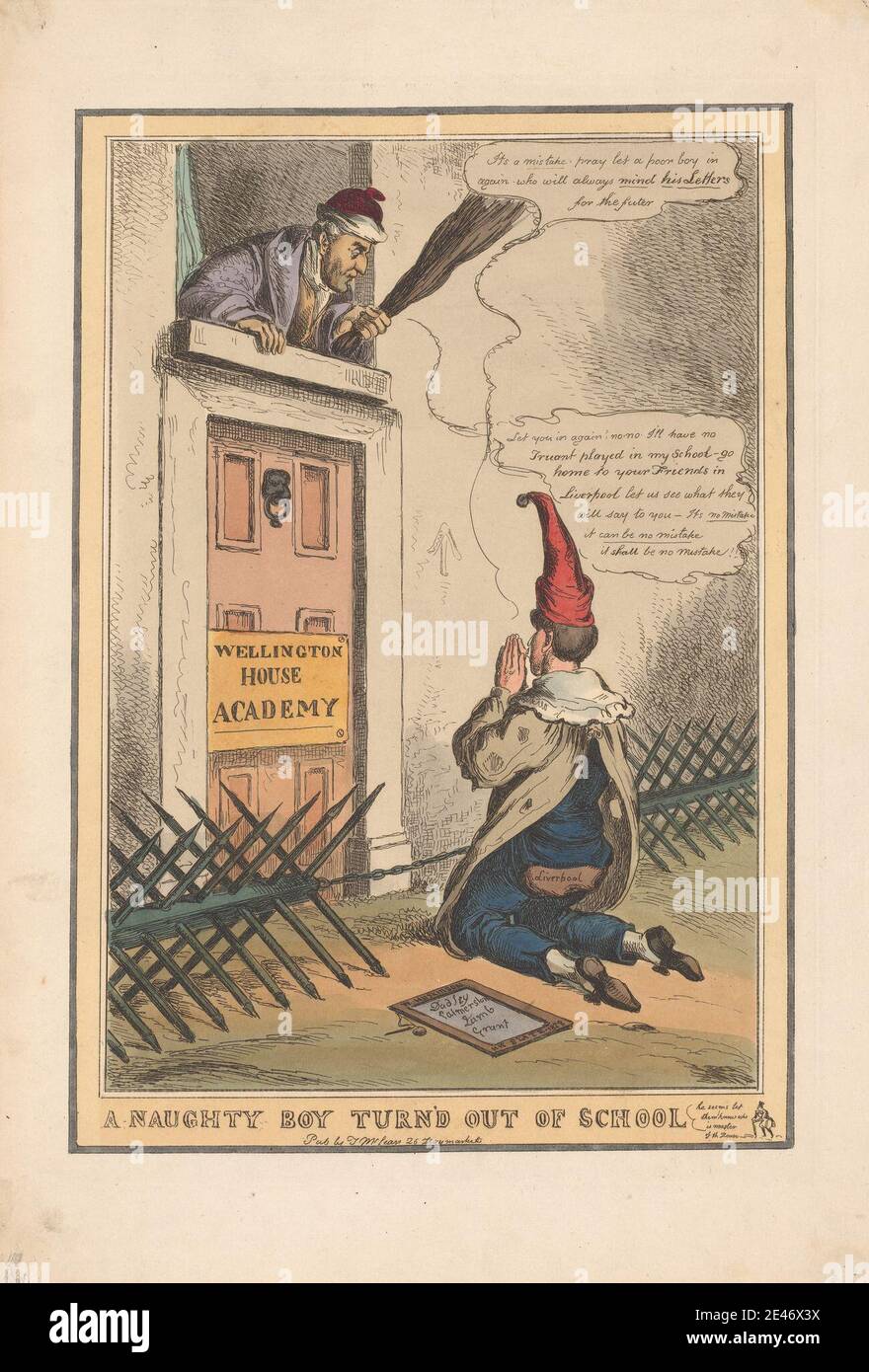 Stampa realizzata da William Heath, 1795–1840, British, A Naughty Boy Turn'd out of School, 1828. Incisione con colorazione a mano in acquerello su carta media, leggermente testurizzata, di color crema. Dominio pubblico Foto Stock