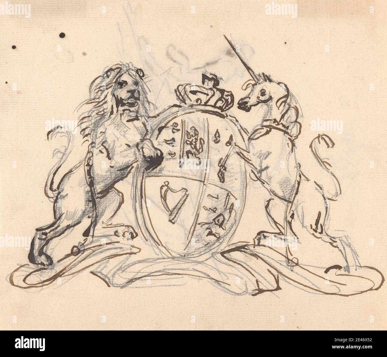 Sawrey Gilpin, 1733–1807, britannico, stemma fiancheggiato da un Unicorno e da un Leone, senza oggetto. Inchiostro a penna e marrone e grafite su carta media, leggermente testurizzata e crema. Stemma , soggetto di genere , leone , unicorno Foto Stock