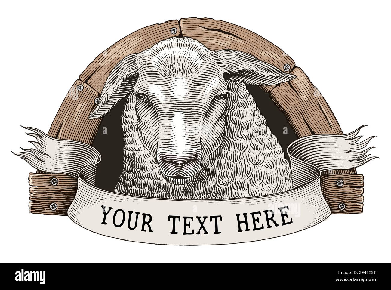 Sheep Farm logo disegnare a mano vintage incisione stile clip art isolato su sfondo bianco Illustrazione Vettoriale