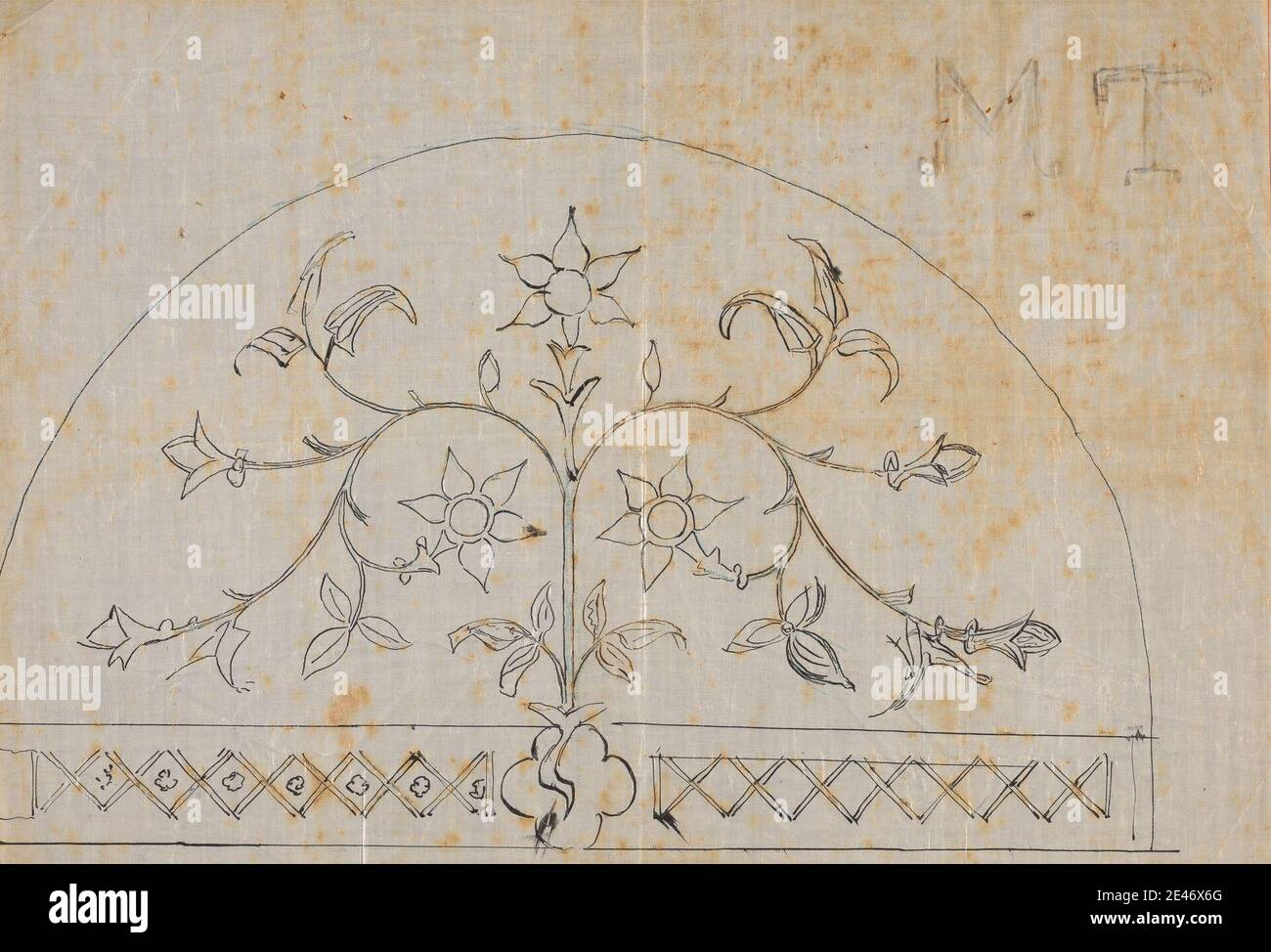 Augustus Welby Northmore Pugin, 1812–1852, inglese, Design for a Cope, non datato. Penna e inchiostro blu su tessuto sottile, liscio, bianco. Soggetto architettonico , disegni , Gotico (medievale) , foglie , ornamenti , quatrefoli Foto Stock