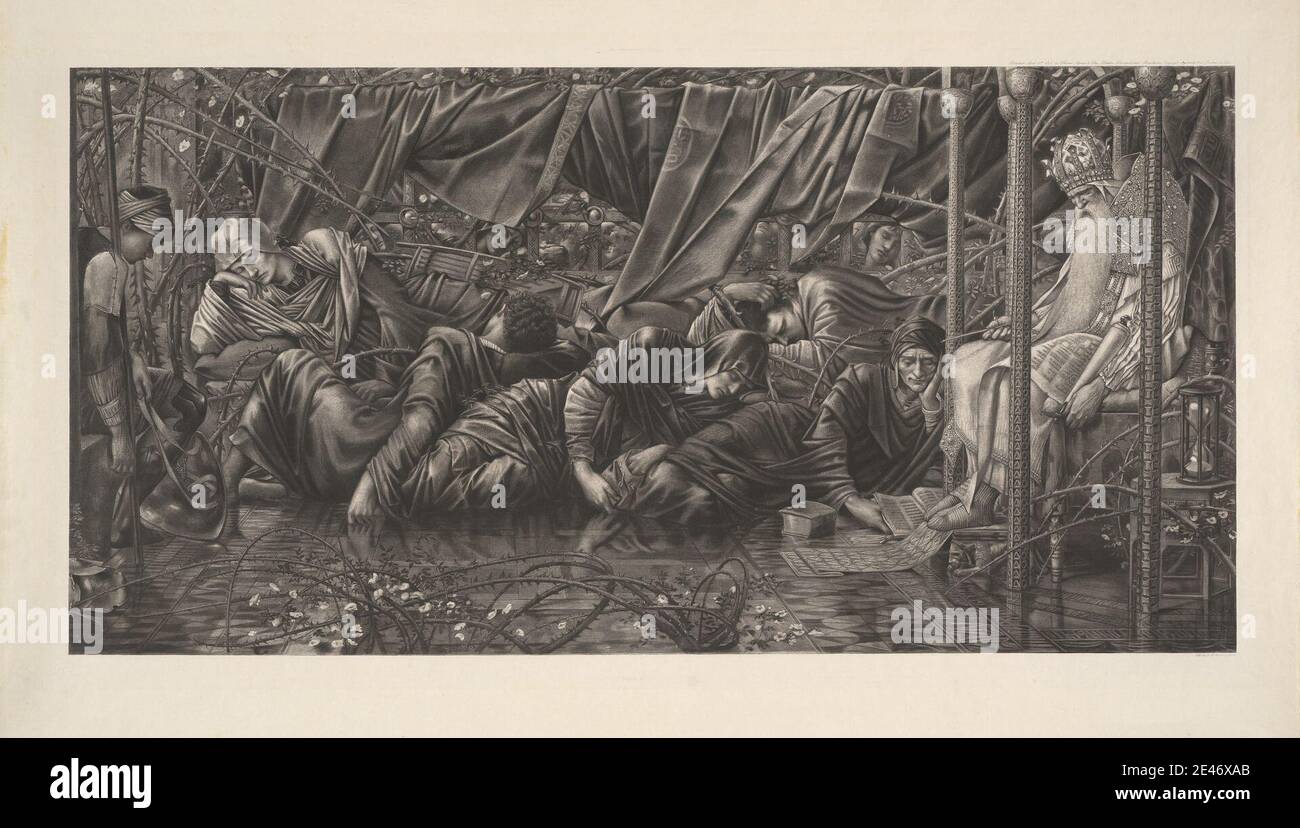 Dopo Edward Burne-Jones, 1833–1898, British, The Council Chamber, 1892. Foto su carta media, leggermente testurizzata, crema di wove. Barba , libro , briar , camere (spazi di montaggio) , corona , tenda , fiore (pianta) , clessidra , tema letterario , uomo , soggetto religioso e mitologico , soggetto religioso e mitologico , sonno , Sleeping Beauty (fiaba) , soldato , spina , trono , velo , finestra , donna Foto Stock