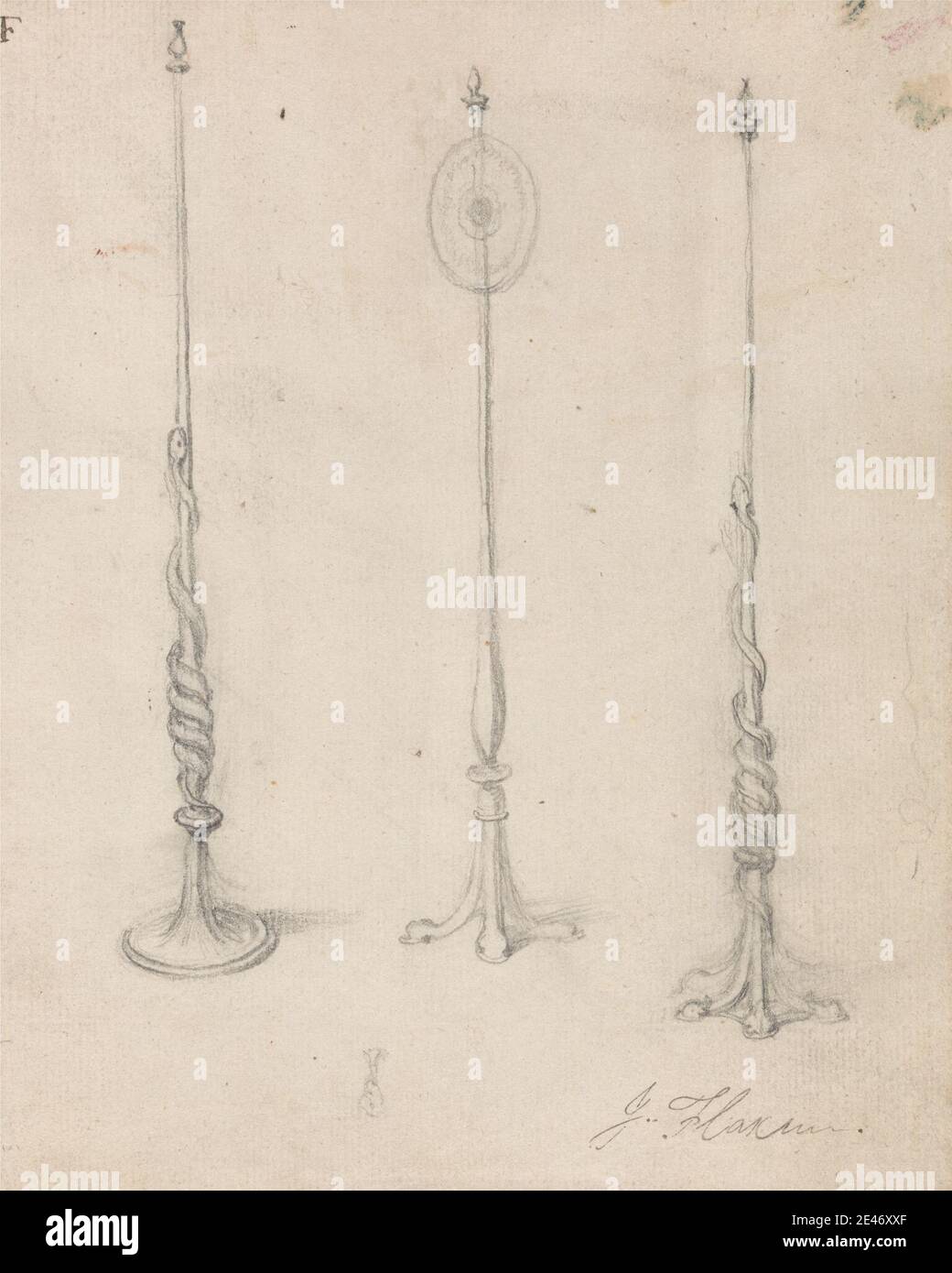 John Flaxman, 1755–1826, inglese, Studio di tre appoggi, non datato. Grafite su carta media, leggermente testurizzata, crema posata. Armature , candele , candele (dispositivi di illuminazione) , cappelli , giostre , arte militare , serpenti , soldati , lance (armi) , natura morta Foto Stock