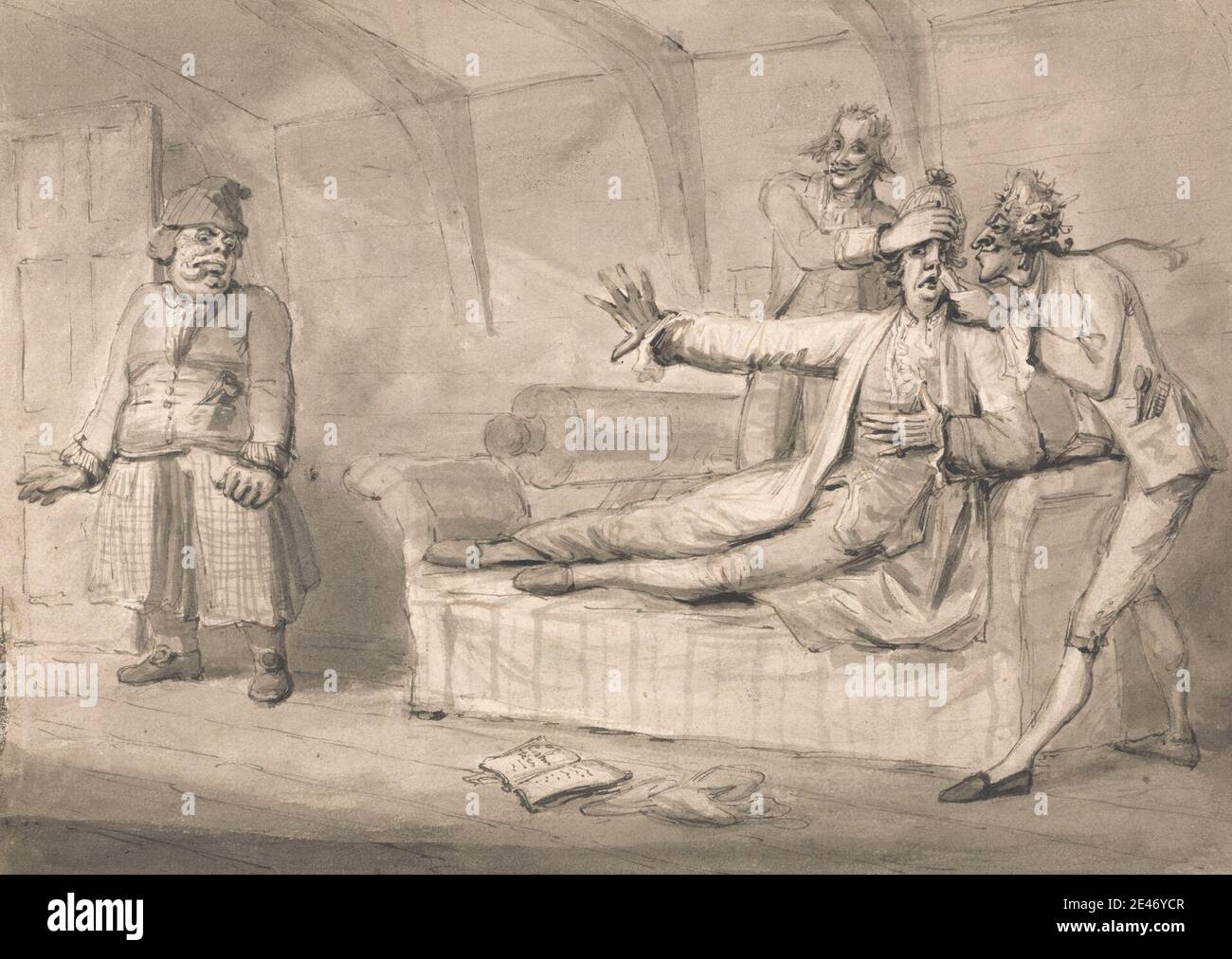 Samuel Collings, attivo 1784–1795, britannico, Morgan offendendo i delicati organi del Capitano Wiffle, unificati. Grafite, lavaggio grigio, lavaggio marrone, penna e inchiostro grigio su carta media, leggermente testurizzata, crema wove. Libri , commedia , divani , dramma , espressione , genere oggetto , gesto , uomini , odore Foto Stock