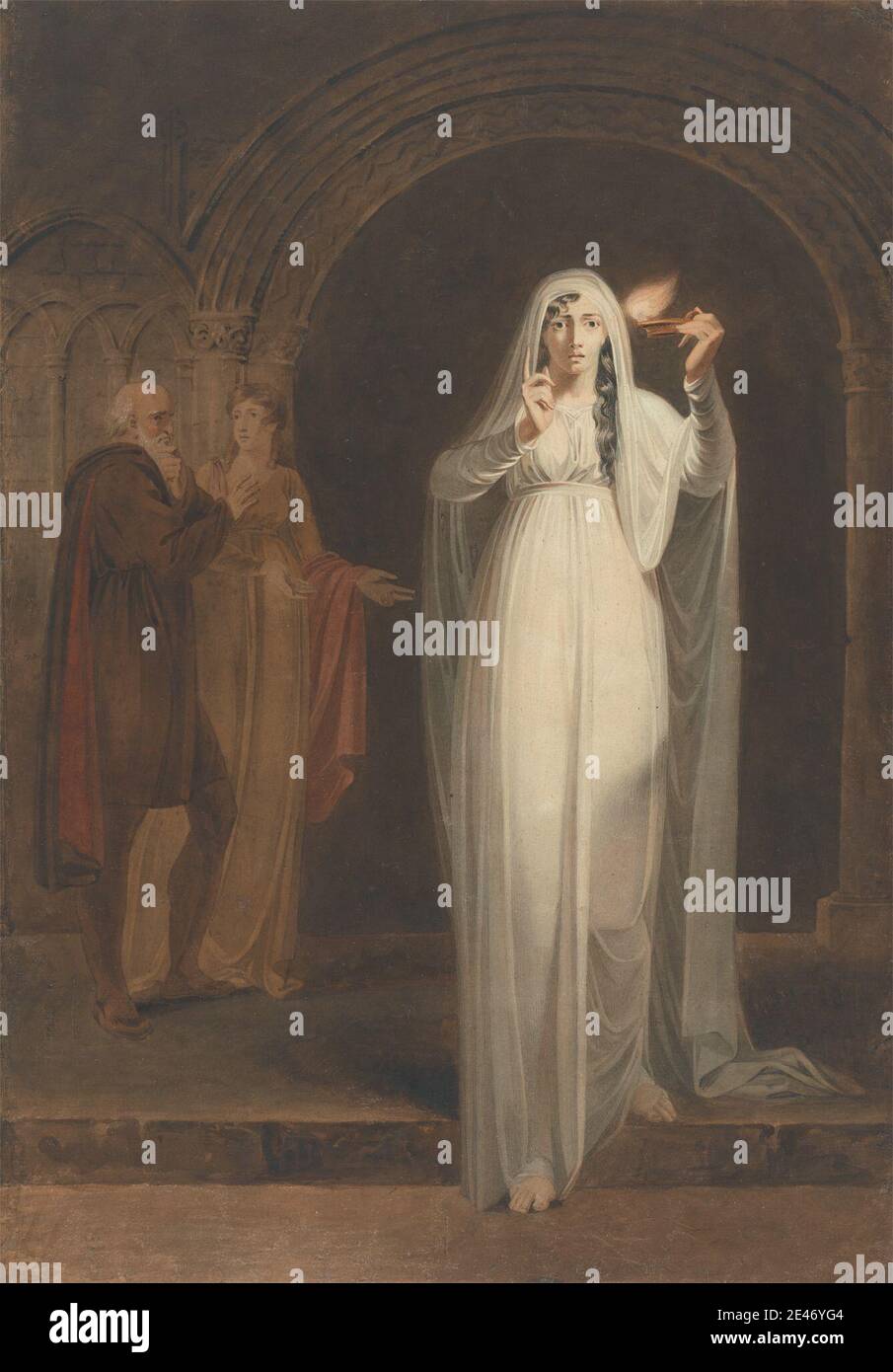 Henry Pierce Bone, 1779–1855, inglese, The Sleepwalking Scene in Macbeth, senza nome. Acquerello, penna e inchiostro nero, inchiostro marrone, grafite e tracce di gouache bianco su carta wove di spessore moderato, moderatamente testurizzata, beige. Arco , candela , capo , capitelli , colonne , abiti , fiamma , cappuccio , signora , tema letterario , Macbeth, atto V, scena i , Macbeth, Gioco di William Shakespeare , uomini , palazzo , medico , gioco , giochi di William Shakespeare , ceneri , scialli , scarpe , sonnambulante , gradini , tunica , velo , donne. Lady Macbeth (personaggio di Macbeth) Siddons (nata Kemble), Sarah (1755–1831), actre Foto Stock