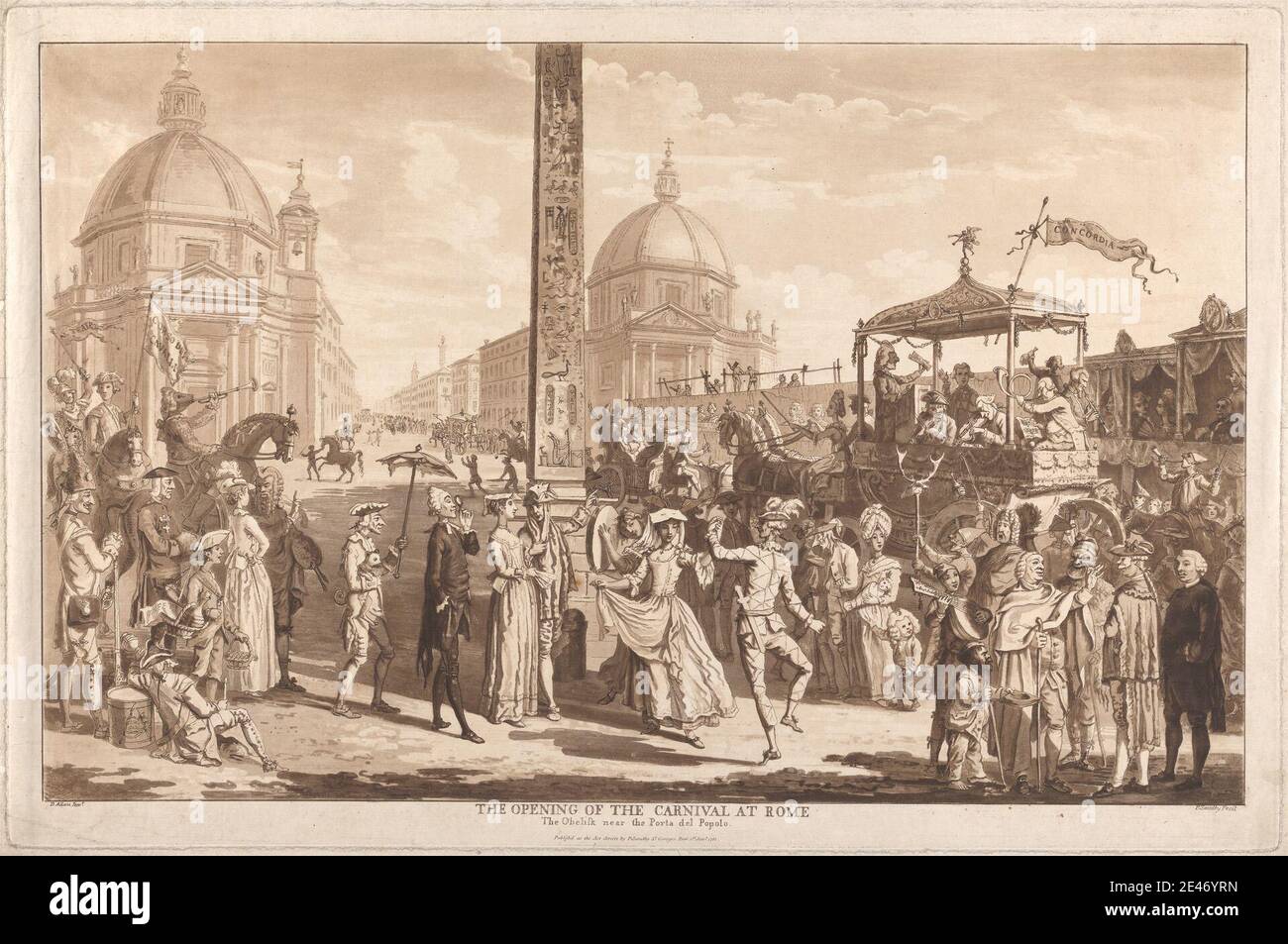 Paul Sandby RA, 1731–1809, inglese, apertura del Carnevale a Roma, ca.  1781. Acquatinto e acquaforte su carta media, moderatamente testurizzata,  crema di carta. Soggetto architettonico , mendicanti , carnevale ,  celebrazione ,