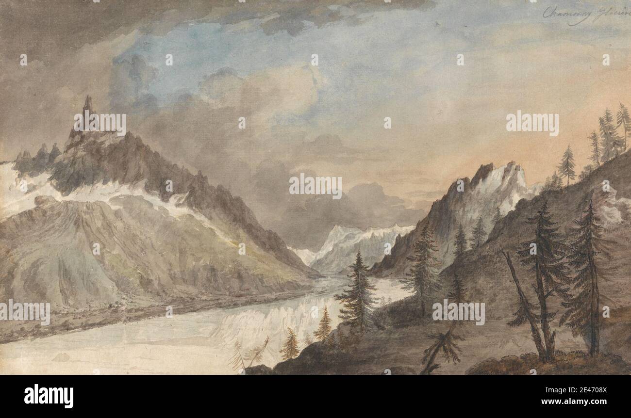 Charles Gore, 1729–1807, British, Chamonix, Mer de Glace, tra il 1778 e il 1779. Acquerello con penna e inchiostro nero su grafite su carta leggermente spessa, leggermente testurizzata, panna, incollata su carta spessa, ruvida, blu wove. ghiacciaio , paesaggio , montagne , fiume , tramonto , alberi. Alpi , Arve , Chamonix-Mont-Blanc , Francia , alta Savoia , Mer de Glace (ghiacciaio) , Monte Bianco , Rhône-Alpi Foto Stock