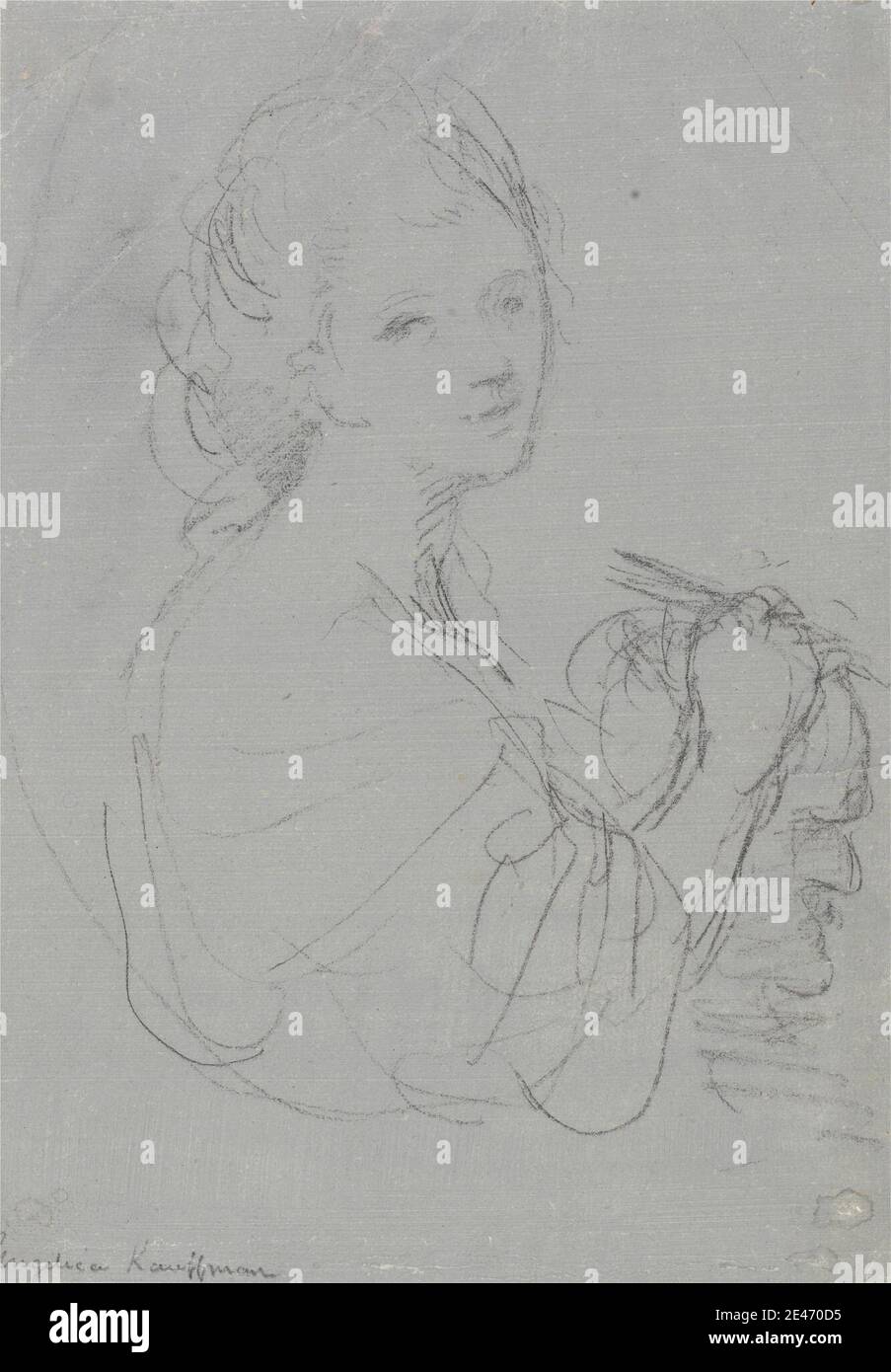 Angelica Kauffmann RA, 1741–1807, Svizzera, attiva in Gran Bretagna (1766–81), Auto-Ritratto, senza titolo. Gesso nero, lavaggio blu, penna e inchiostro marrone, e grafite su carta media, leggermente testurizzata, crema di carta. Busto , studio di figura , ritratto , scultura , autoritratto. Kauffman, Angelica (1741–1807), pittore di storia e ritratto Foto Stock