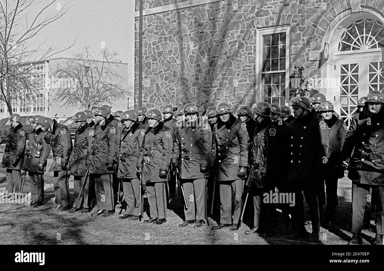 Alla fine degli anni '60, la polizia statale della Pennsylvania occupò il campus del Cheyney state College, un college prevalentemente afroamericano, HBCU, americano, USA Foto Stock