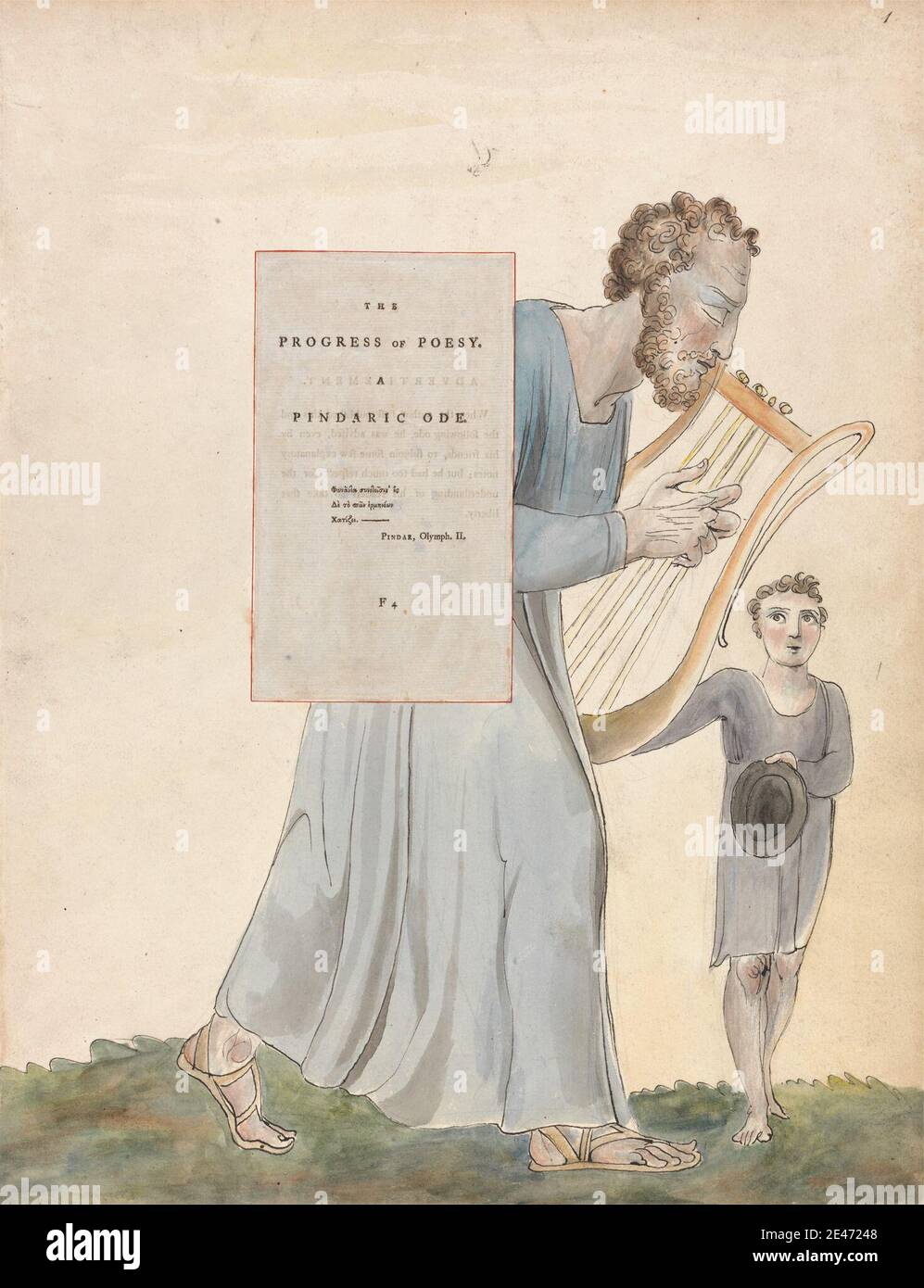 William Blake, 1757–1827, British, The Poems of Thomas Grey, Design 41, 'The Progress of Poesy.', tra il 1797 e il 1798. Acquerello con penna e inchiostro nero e grafite su carta di wove crema di spessore moderato, leggermente testurizzata con pagina di letterpress intarsiata. angelo , bambino , barba , ragazzo , ragazzo , sedia , bambini , erba , arpa , cappello , neonato , luce , tema letterario , lyre , uomo , uomo , madre , lettura , soggetto religioso e mitologico , vetrate , testo , finestra , donne Foto Stock