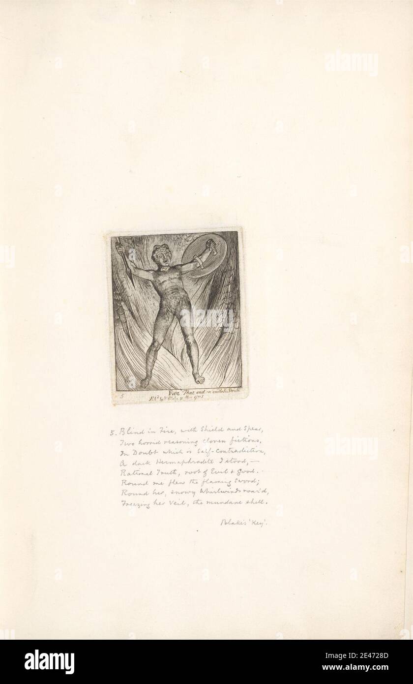 Stampa realizzata da William Blake, 1757–1827, inglese, per i sessi: The Gates of Paradise, Plate 7, 'Fire', 1826. Incisione e incisione a filo su carta d'oro color crema di spessore moderato, leggermente testurizzata. Fuoco , fiamme , tema letterario , uomini , soggetto religioso e mitologico , scudo , spada , testo Foto Stock