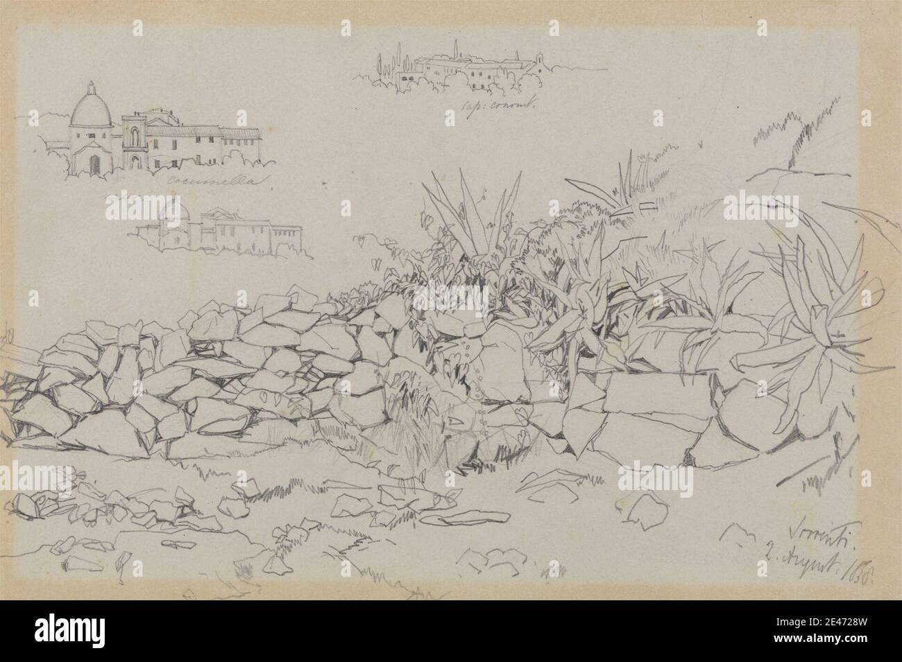 Edward Lear, 1812–1888, British, Sorrento, 2 agosto 1838, 1838. Grafite su carta di wove di spessore moderato, leggermente testurizzata, grigio-verdastro. Edifici , cupole , genere oggetto , piante , rocce (forme) , studi (opere visive). Campania , Italia , Sorrento Foto Stock