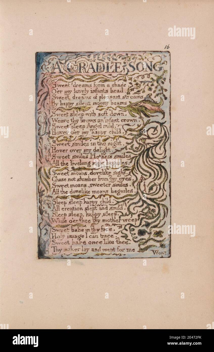 Stampa realizzata da William Blake, 1757–1827, inglese, Songs of Innocence and of Experience, Plate 16, "A Cradle Song" (Bentley 16), dal 1789 al 1794. Incisione in rilievo stampata in marrone scuro con penna e inchiostro nero e acquerello su carta di wove crema leggermente spessa e leggermente testurizzata. Rami , foglia , tema letterario , testo , vegetazione , viti Foto Stock
