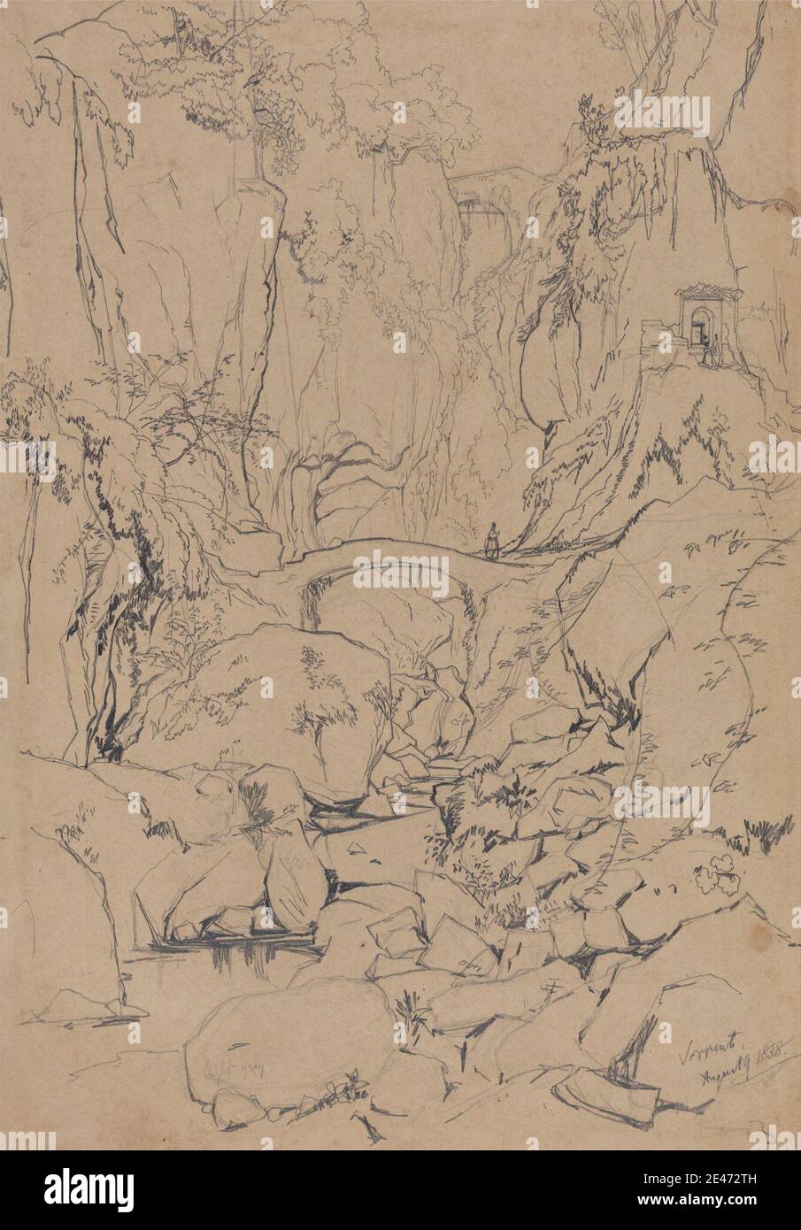 Edward Lear, 1812–1888, British, Sorrento, 1838. Grafite su carta wove beige di spessore moderato, leggermente testurizzata. Massi , ponte (opera costruita) , scogliere , figura (rappresentazione) , gola (forma di terra) , paesaggio , rocce (forme di terra) , strutture (opere singole costruite) , alberi , acqua. Campania , Italia , Sorrento Foto Stock