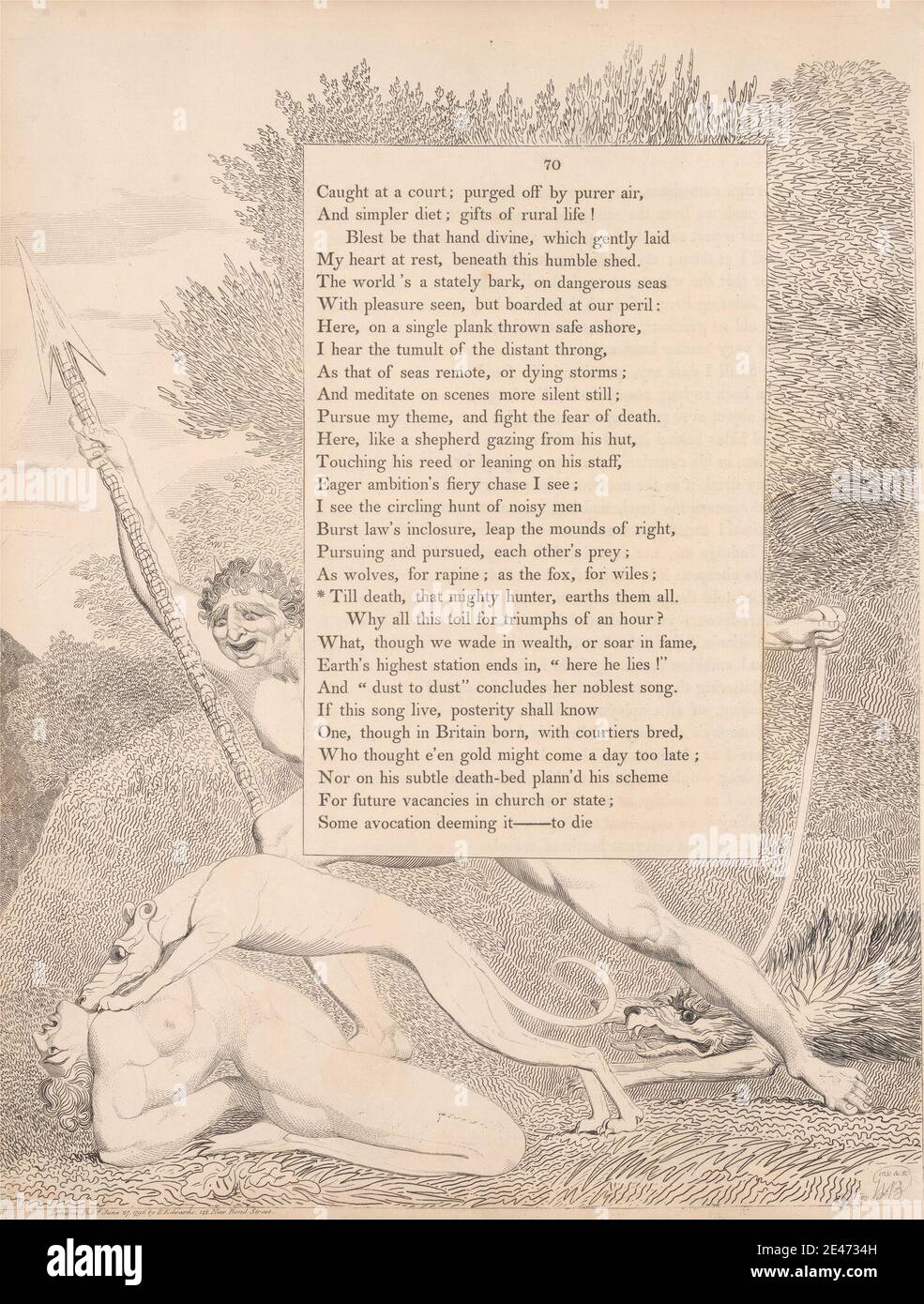 William Blake, 1757–1827, British, Plate 32 (pag. 70): 'Fino alla morte, quel potente cacciatore, le terre tutti', 1797. Incisione. Dominio pubblico Foto Stock