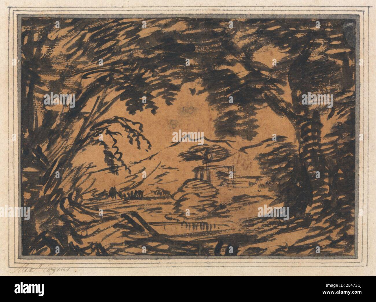 Alexander Cozens, 1717–1786, inglese, The Glade, ca. 1750. Inchiostro nero spazzolato e terreno arancio-marrone su carta media, leggermente testurizzata, panna, montata su carta spessa, moderatamente testurizzata, wove. Colline , paesaggio , montagne , alberi Foto Stock