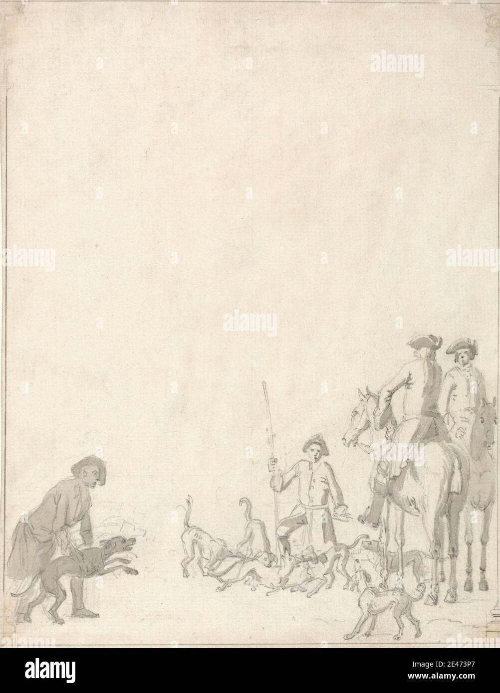 Peter Tillemans, 1684–1734, fiammingo, attivo in Gran Bretagna (dal 1708), Foxhunting: The Kill, senza nome. Grafite e lavaggio grigio su media, moderatamente testurizzata, crema, carta posata. Cani (animali) , studio della figura , figure (rappresentazioni) , volpe (animale) , caccia alla volpe , pistole , cavalieri , equitazione , cavalli (animali) , sterline (cani) , caccia , cacciatori , caccia , arte sportiva Foto Stock