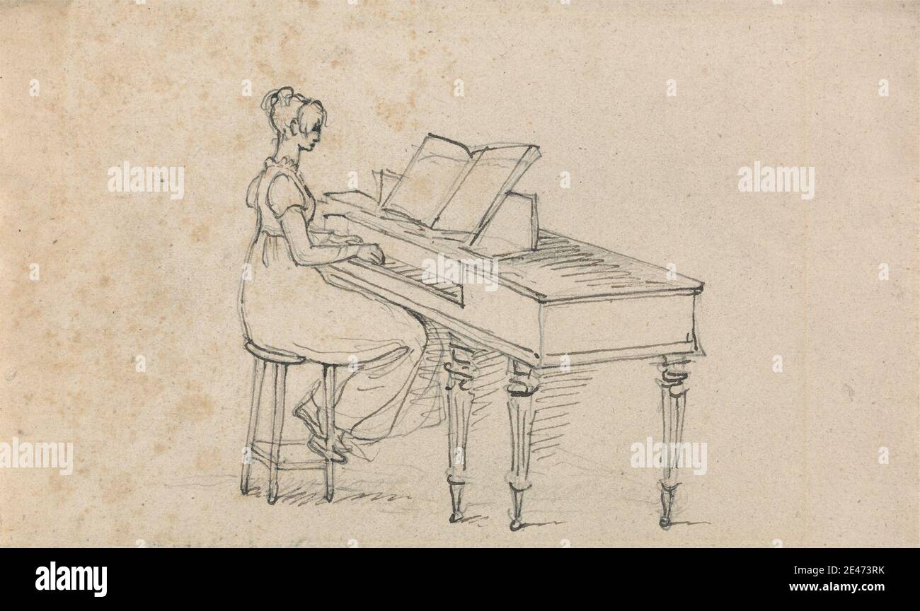 Benjamin West, 1738–1820, americano, attivo in Gran Bretagna (dal 1763), Woman at a Square Pianoforte, non datato. Penna, in inchiostro marrone, e grafite su carta media, leggermente testurizzata, beige, wove. Genere soggetto , pianoforte , spartiti , sgabello , donna Foto Stock
