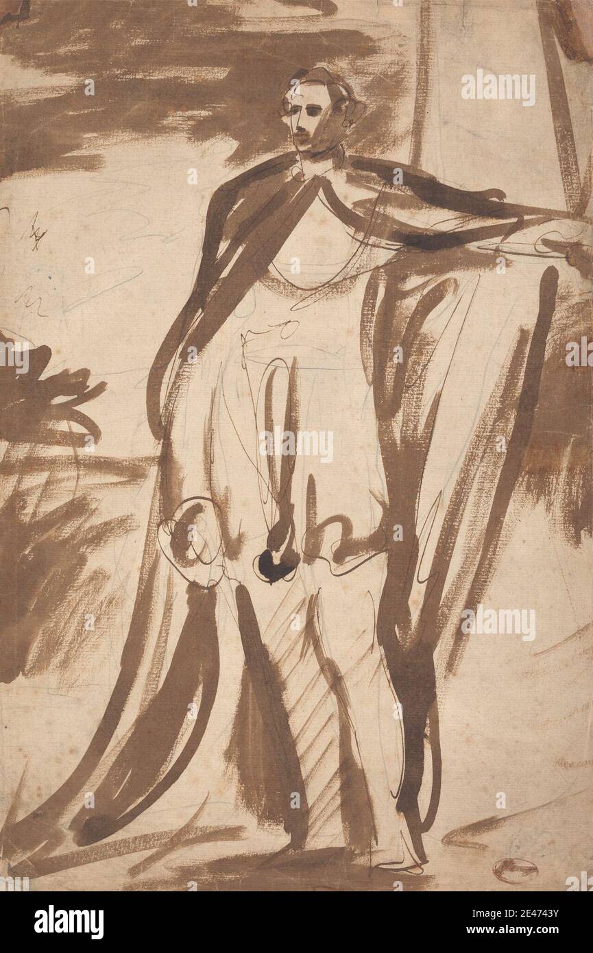 George Romney, 1734–1802, britannico, Lord Salisbury, in piedi da un pilastro, senza nome. Inchiostro marrone con lavaggio marrone su grafite media, leggermente testurizzata, carta crema. capo , cappotto , studio figura , cappello , uomo , pilastro , ritratto , in piedi , parrucca Foto Stock