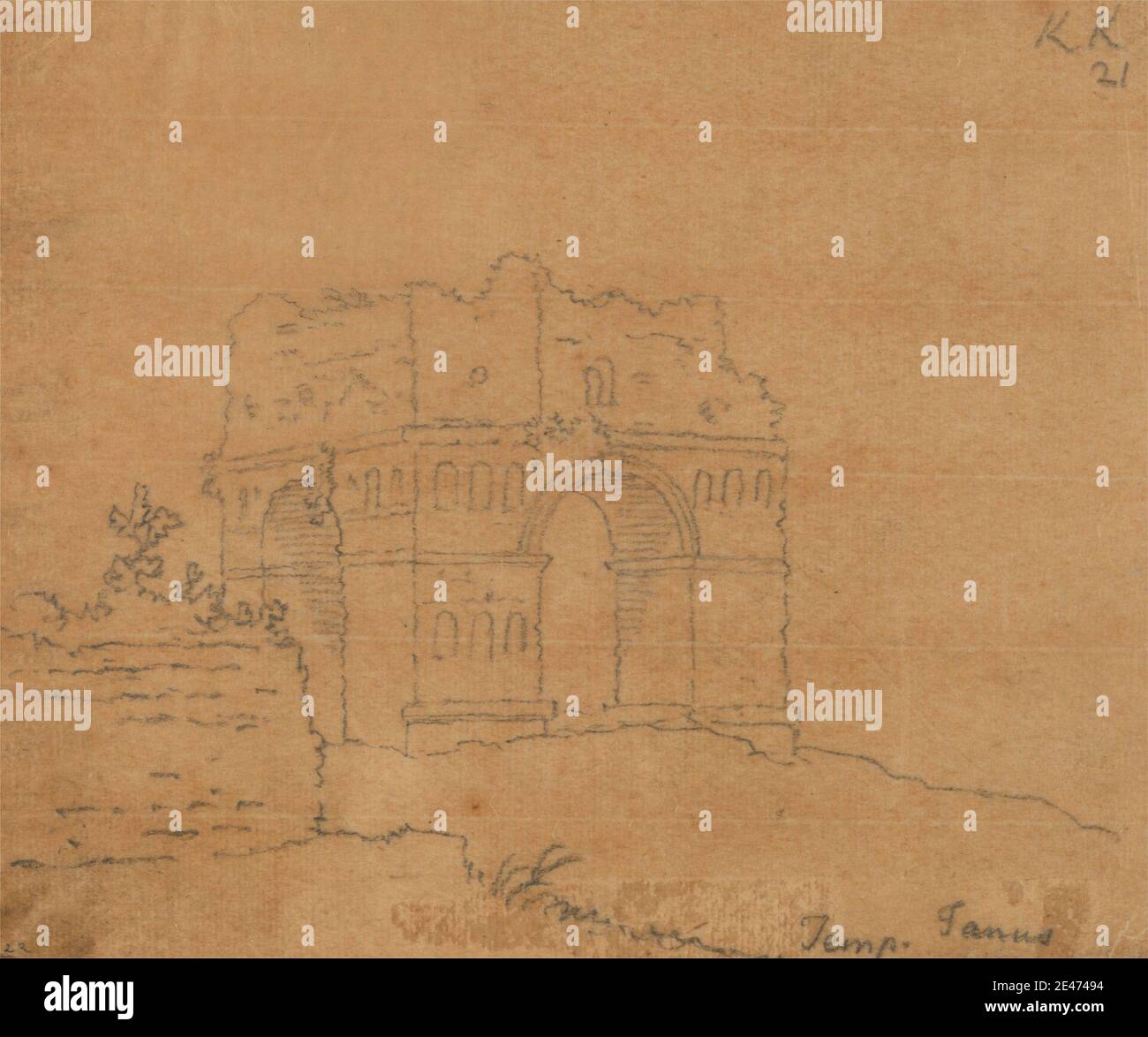 John Robert Cozens, 1752–1797, britannico, Tempio di Giano, non datato. Grafite e vernice su carta sottile, leggermente testurizzata, crema posata. Archi , soggetto architettonico , Grand Tour , rovine , pietre , templi , alberi. Europa , Italia , Roma Foto Stock