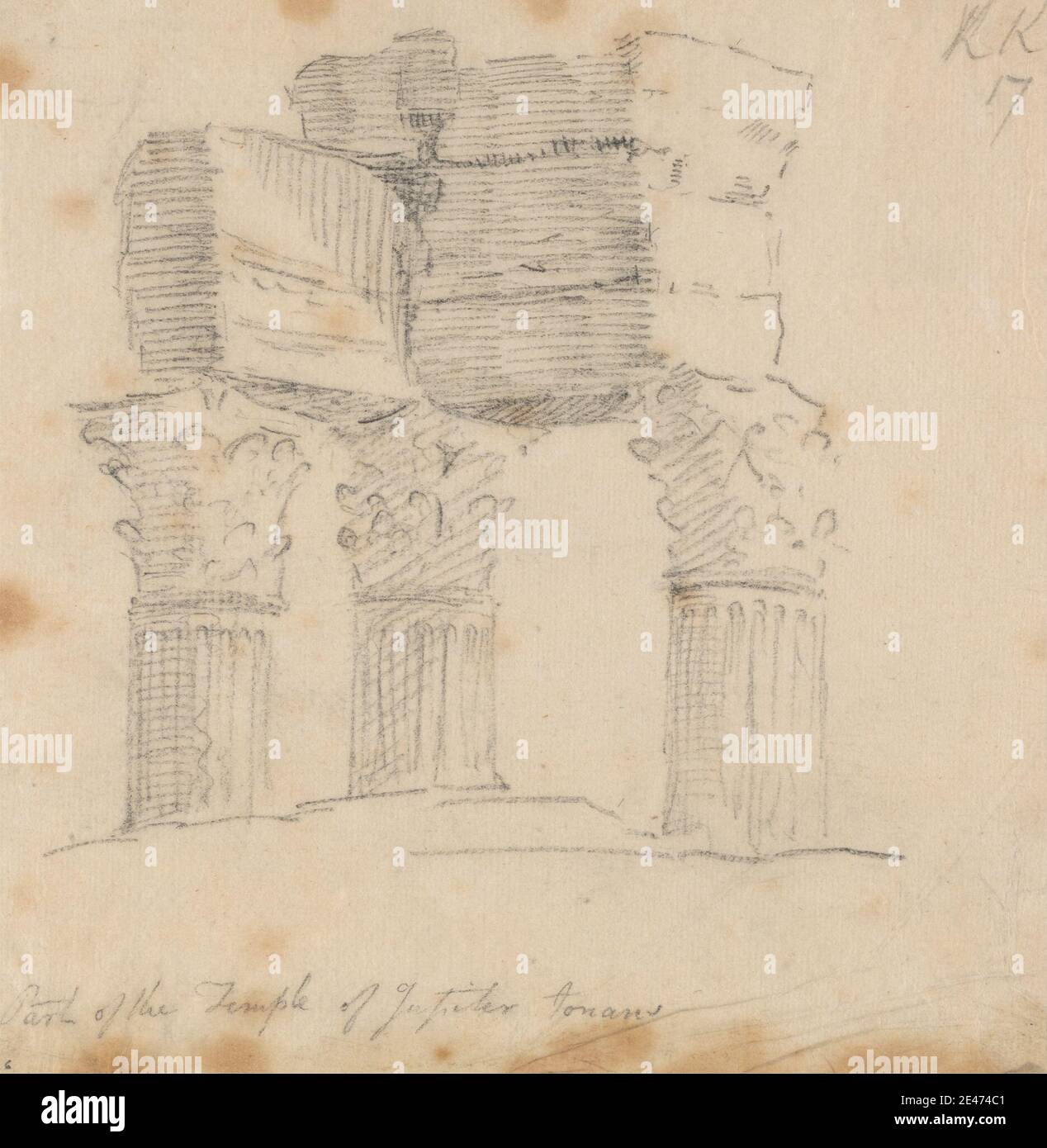 John Robert Cozens, 1752–1797, britannico, Tempio dei tonani Giove, non datato. Grafite su carta sottile, leggermente testurizzata, crema soggetto architettonico , colonne , Grand Tour , rovine , templi. Campidoglio , Europa , Italia , Roma. Giove Foto Stock