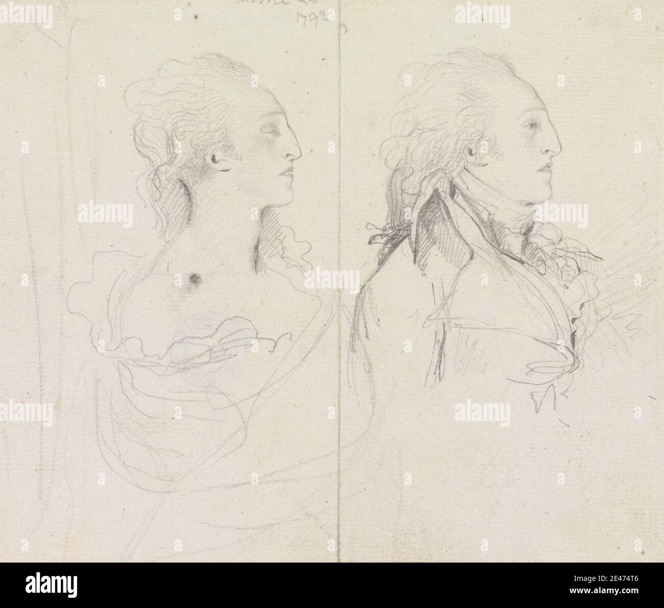 Sir Thomas Lawrence, 1769–1830, British, Double Ritrage of a Figure in entrambi gli attire maschio e femmina, 1792. Grafite su carta media, leggermente testurizzata, blu chiaro posata. Cappotto , costume , crossressing , abito , studio di figura , uomo , ritratto , profilo (figura) , volant , donna Foto Stock