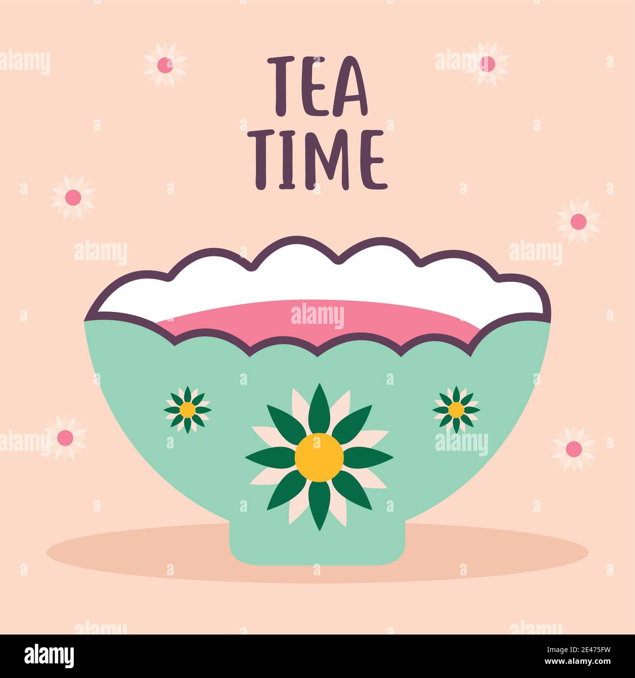 scritta del tempo del tè con tazza verde di caffè e fiori Illustrazione Vettoriale