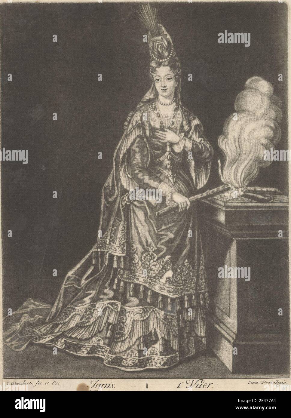 Stampa di Cornelis Danckerts, 1637–1684, Ignis - t'Vuer, non datata. Mezzotint su carta di spessore moderato, leggermente testurizzata, beige. Bodice , broccato , corona (componente costume) , Damasco , ricamo , fuoco , soggetto genere , gesturing , gioielli , accendendo , mantello , nobildonna , orientale , posa , naselli , torcia , donna Foto Stock