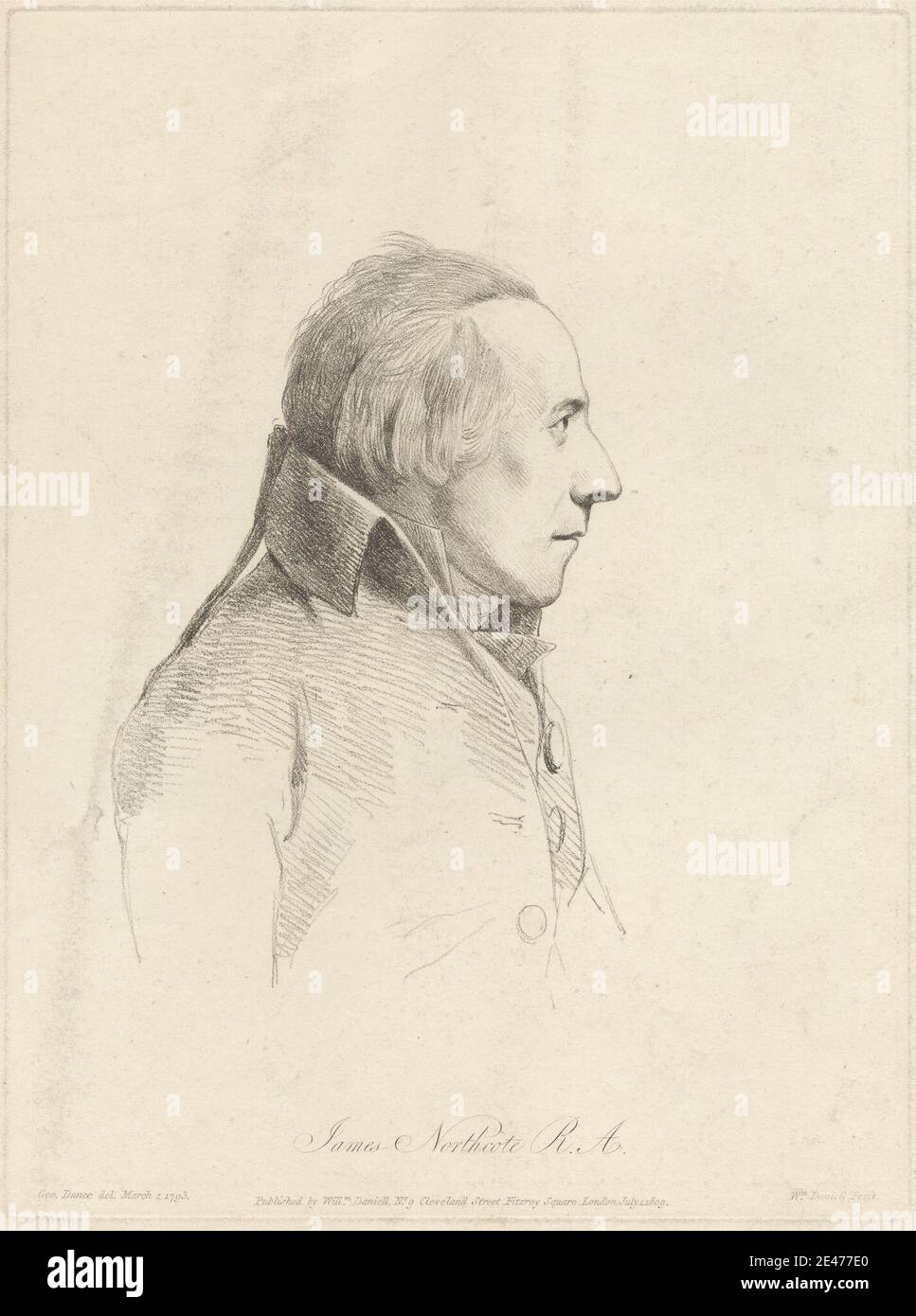 Stampa realizzata da William Daniell, 1769–1837, British, James Northcote, R.A, 1809. Acquaforte su carta wove beige di spessore moderato, leggermente testurizzata. Artista , autore , colletto , pittore , ritratto , posa , profilo. Northcote, James (1746–1831), artista e autore Foto Stock