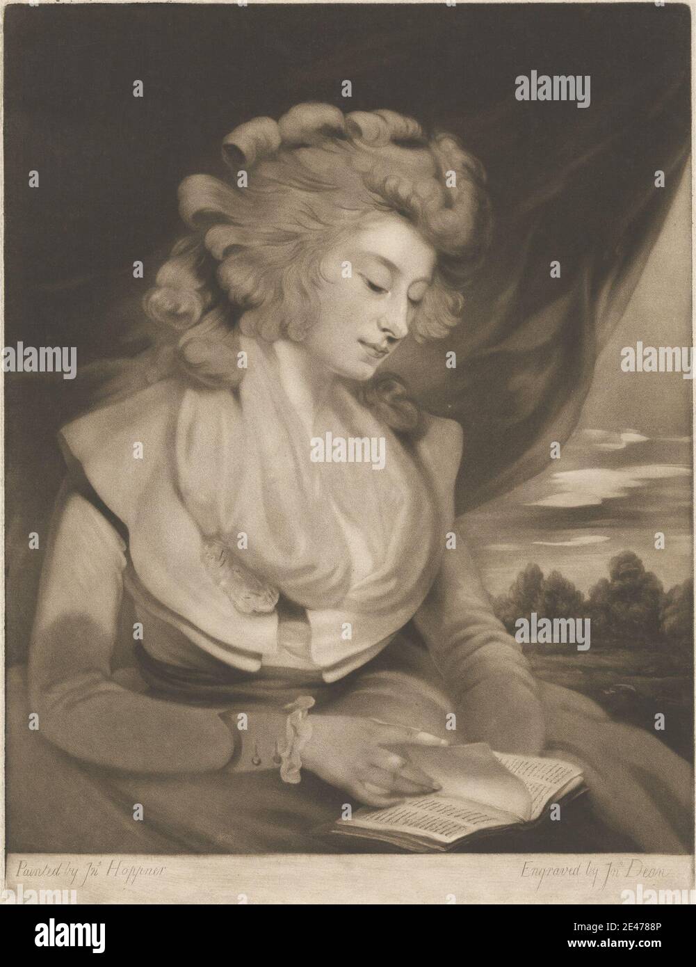 Stampa di John Dean, 1754–1798, British, Miss Crockatt as Julia de Roubigné, 1786. Mezzotinta e incisione su carta leggermente spessa, moderatamente testurizzata, crema posata. Libro , colletto , costume , ricci , tende , tendaggi , fichu , abito , illustrazione , Julia de Roubigné (romanzo epistolare di Henry Mackenzie, 1777) , lettera (corrispondenza) , tema letterario , ritratto , lettura , ruffle , alberi , donna. Julia de Roubigné (personaggio) Foto Stock