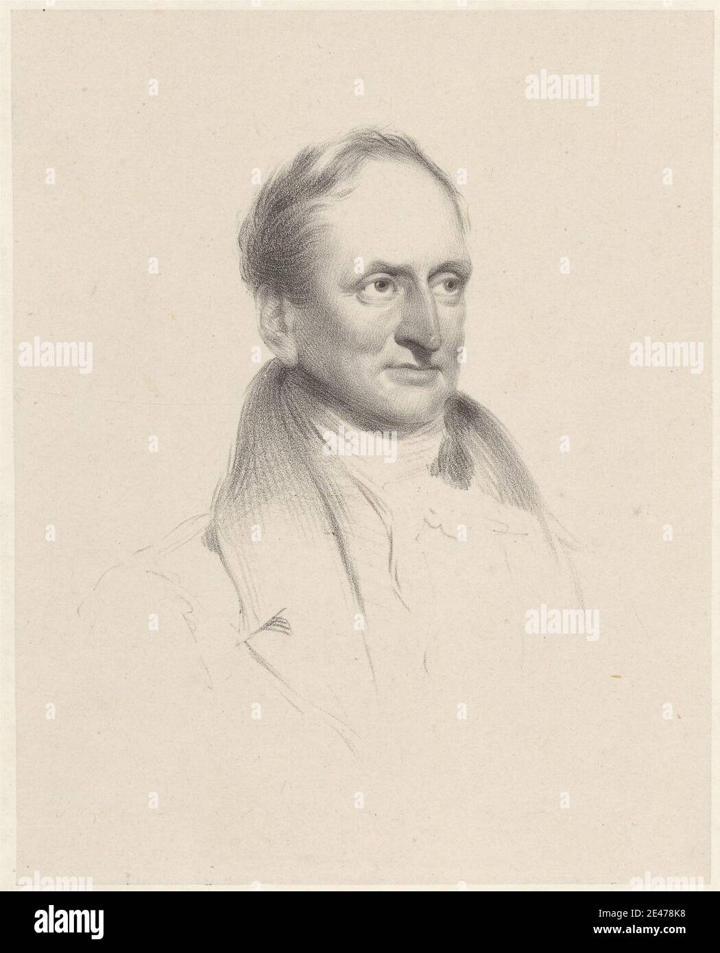 Stampa realizzata da William Drummond, Active 1829, James Burton, 1836. Litografia su carta d'wove color crema di spessore moderato, leggermente testurizzata, con collé beige con crusca , cappotto , colletto , uomo , fazzoletto , ritratto , gilet. Burton, James (1761–1837), costruttore e sviluppatore Foto Stock