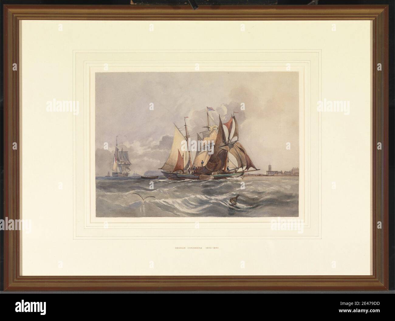 George Chambers, 1803–1840, British, Traders e una nave da guerra nelle acque costiere, tra il 1820 e il 1840. Acquerello e grafite su carta media, moderatamente testurizzata, crema wove. Boa , arte marina , vele , mare , navi , commercianti , nave da guerra Foto Stock