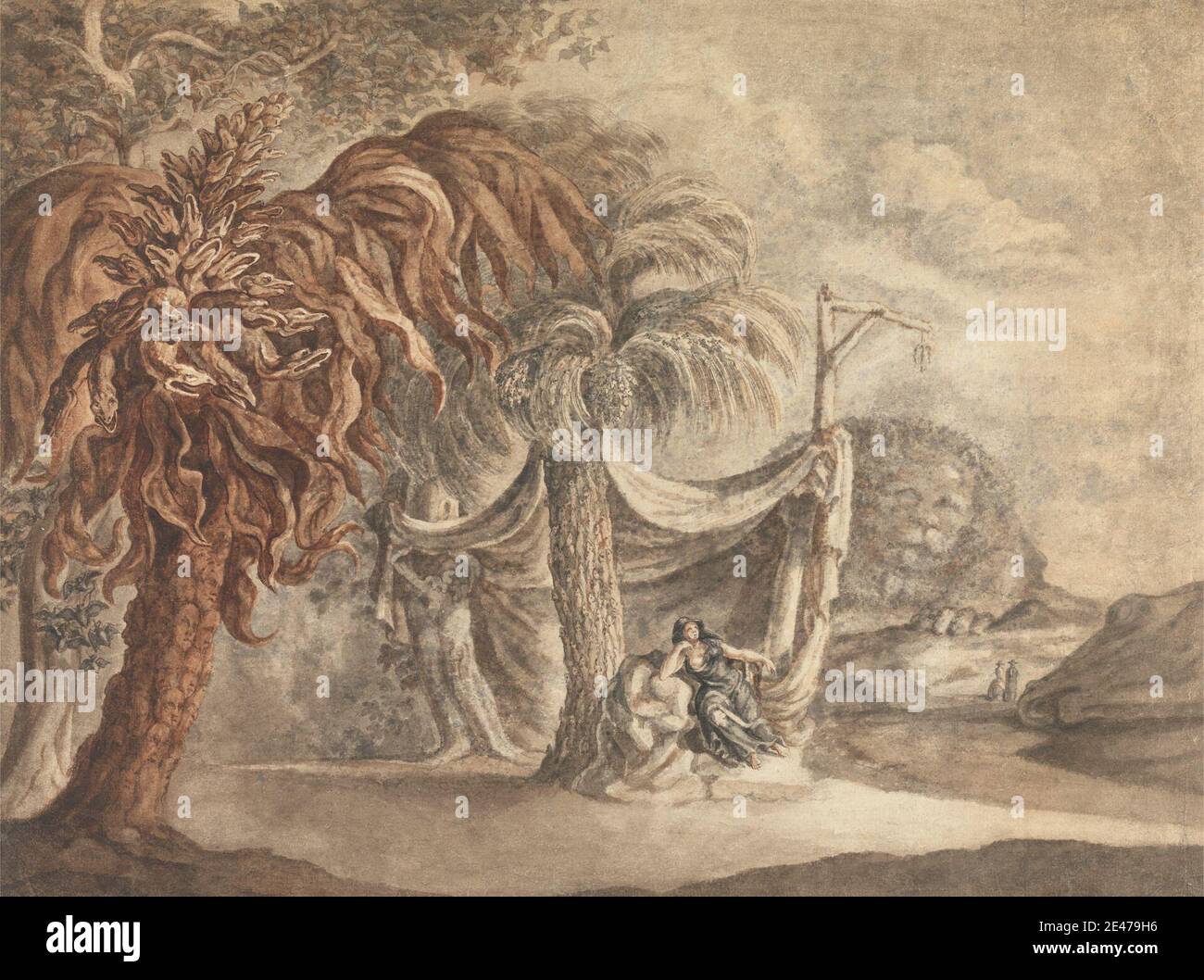 Richard Bentley, 1708–1782, British, PROSPECT of Vaporland, 1759.  Inchiostro marrone e nero e lavare su grafite su carta leggermente spessa,  ruvida, beige posata. Animali , pipistrelli (animali) , uccelli , nubi ,