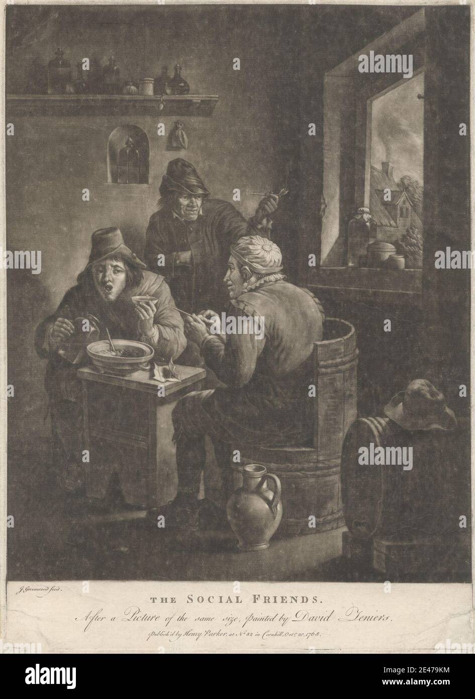 Stampa di John Greenwood, 1727–1792, americano, attivo in Gran Bretagna (dal 1763), The Social Friends, 1768. Mezzotint su moderatamente spesso, moderatamente testurizzato, carta crema posata. Barili , bocce , sedie , bere , mangiare , cibo , amici , riunione , genere oggetto , cappelli , interno , giare , brocche , uomini , contadini , tubi (attrezzatura per fumatori) , fumo , fumare , parlare , tabacco , finestra Foto Stock