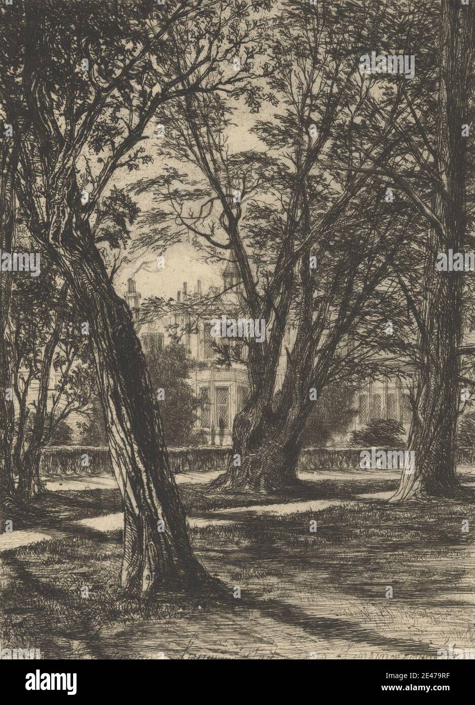Francis Seymour Haden, 1818–1910, British, Kensington Gardens, n. 1 (piastra piccola), 1859. Incisione e secchezza, con tono di piastra su carta sottile, liscia, crema su carta. Soggetto architettonico , costruzione , camini , paesaggio urbano , giardino , erba , siepe , casa , paesaggio , prato , palazzo , sentiero , ombre , alberi , torretta , finestre. Inghilterra , Europa , Hyde Park , Kensington , Kensington Gardens , Londra , Regno Unito Foto Stock