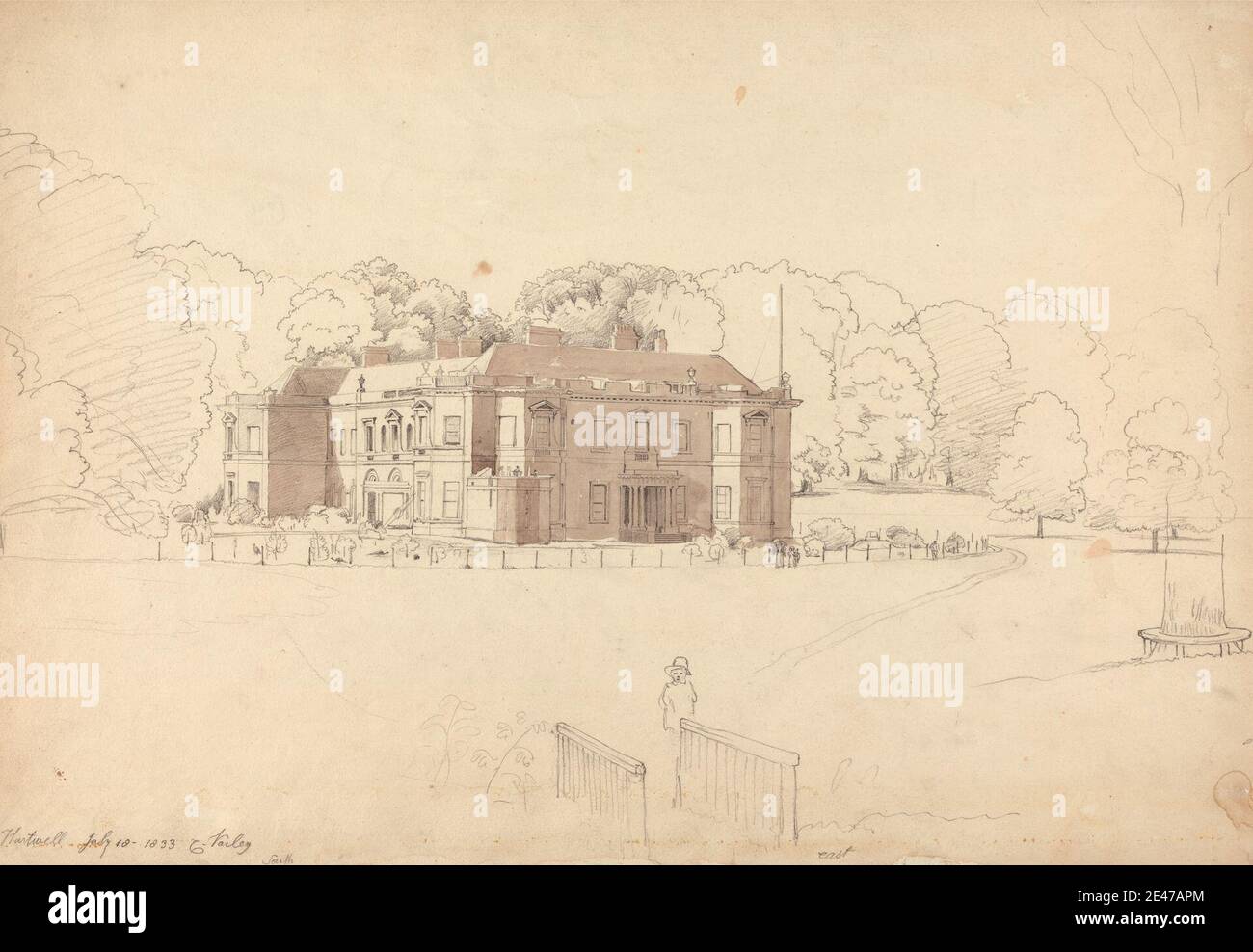 Cornelius Varley, 1781–1873, British, Hartwell, Buckinghamshire, 1833. Marrone lavaggio su grafite su medio, leggermente testurizzato, crema wove paper. Soggetto architettonico , panca , uccelli , bonnet , cespugli , bambino , colonne , casa di campagna , recinzione , cancello , erba , paesaggio , parapetto , sentieri , pavone , fagiani , alberi , urne , camminare , donne. Buckinghamshire , Inghilterra , Europa , Hartwell , Regno Unito Foto Stock