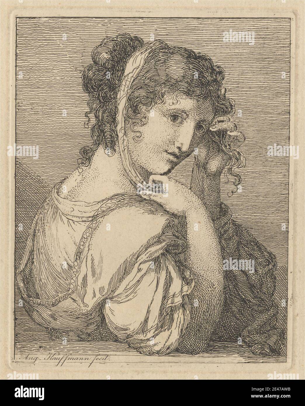 Angelica Kauffmann RA, 1741–1807, Svizzera, attiva in Gran Bretagna (1766–81), donna che piange accanto a un urno. Le Blanc 26, 1767. Incisione. Dominio pubblico Foto Stock