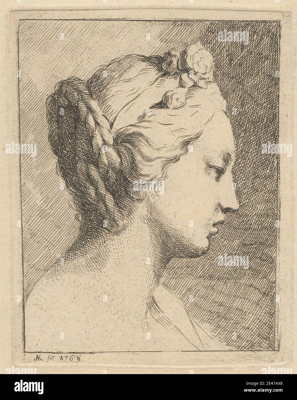Angelica Kauffmann RA, 1741–1807, Svizzera, attiva in Gran Bretagna (1766–81), Busto di una donna. Le Blanc 21. Incisione. Dominio pubblico Foto Stock