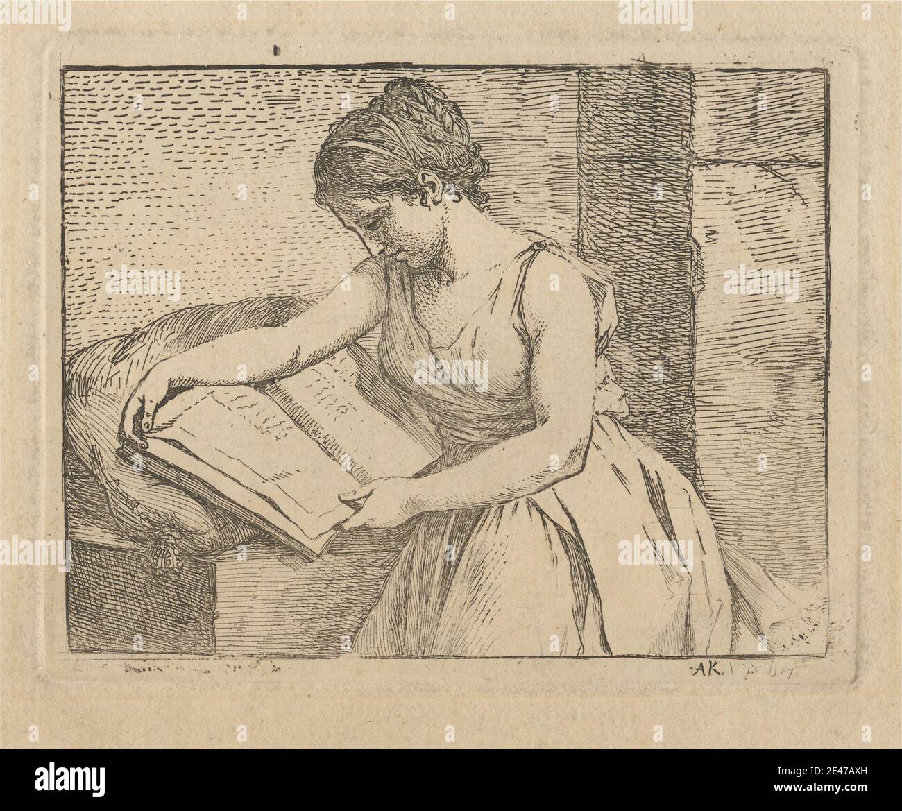 Angelica Kauffmann RA, 1741–1807, Svizzera, attiva in Gran Bretagna (1766–81), Donna lettura. Incisione. Dominio pubblico Foto Stock