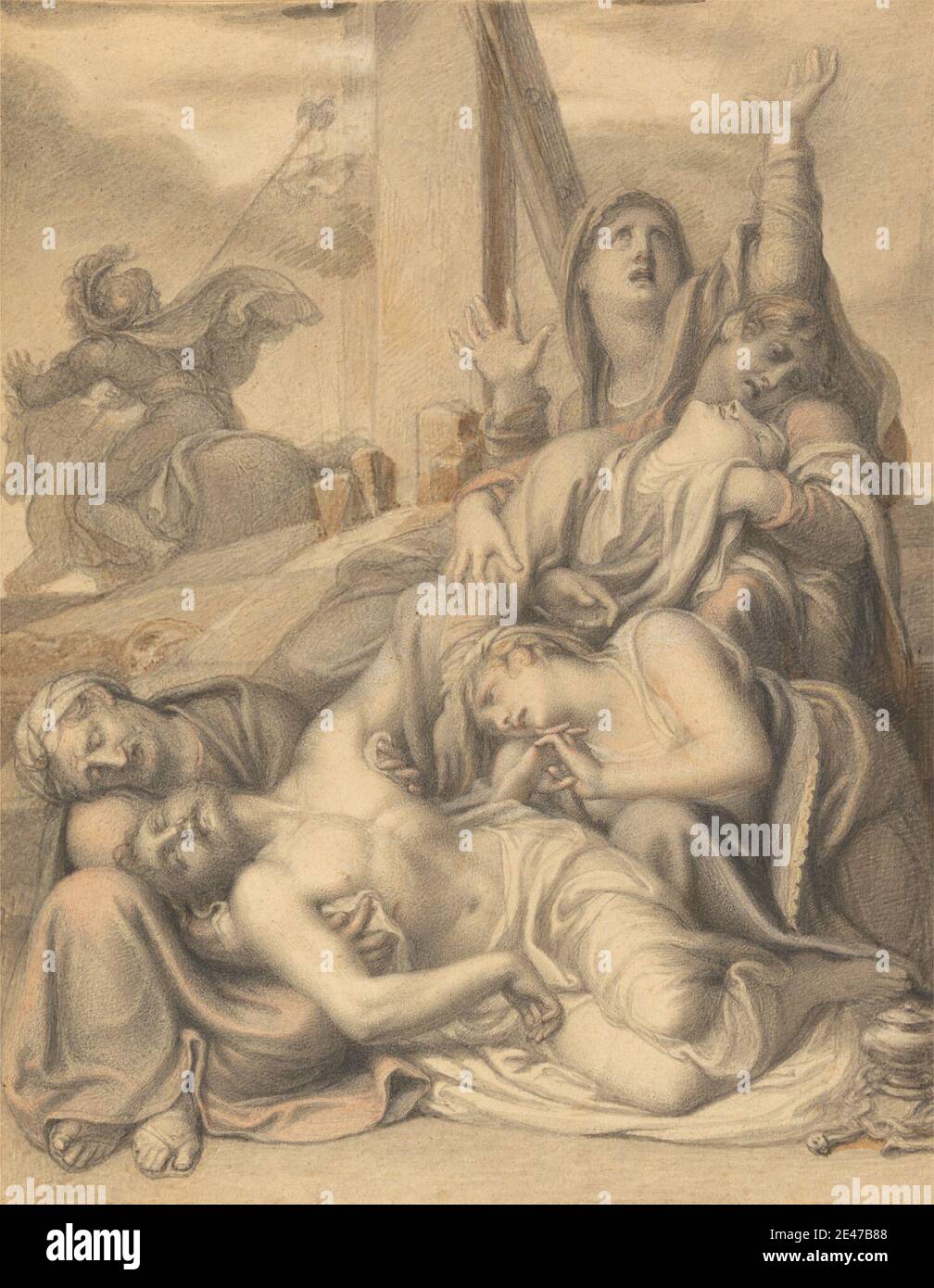 Richard Cosway, 1742–1821, British, The Deposition, Undated. Inchiostro nero, inchiostro grigio, grafite e acquerello su carta media, leggermente testurizzata, crema di wove. apostoli , discepoli , bandiere , cavalli (animali) , lamentazione del Cristo morto da parte dei suoi parenti e amici (Cristo solitamente senza corona di spine) , lanterne (dispositivi di illuminazione) , pennanti , soggetto religioso e mitologico , abiti , sandali , soldati , standard. Gesù Cristo (dal 7-2 a.C. al 30-36 d.C.) Maria Foto Stock