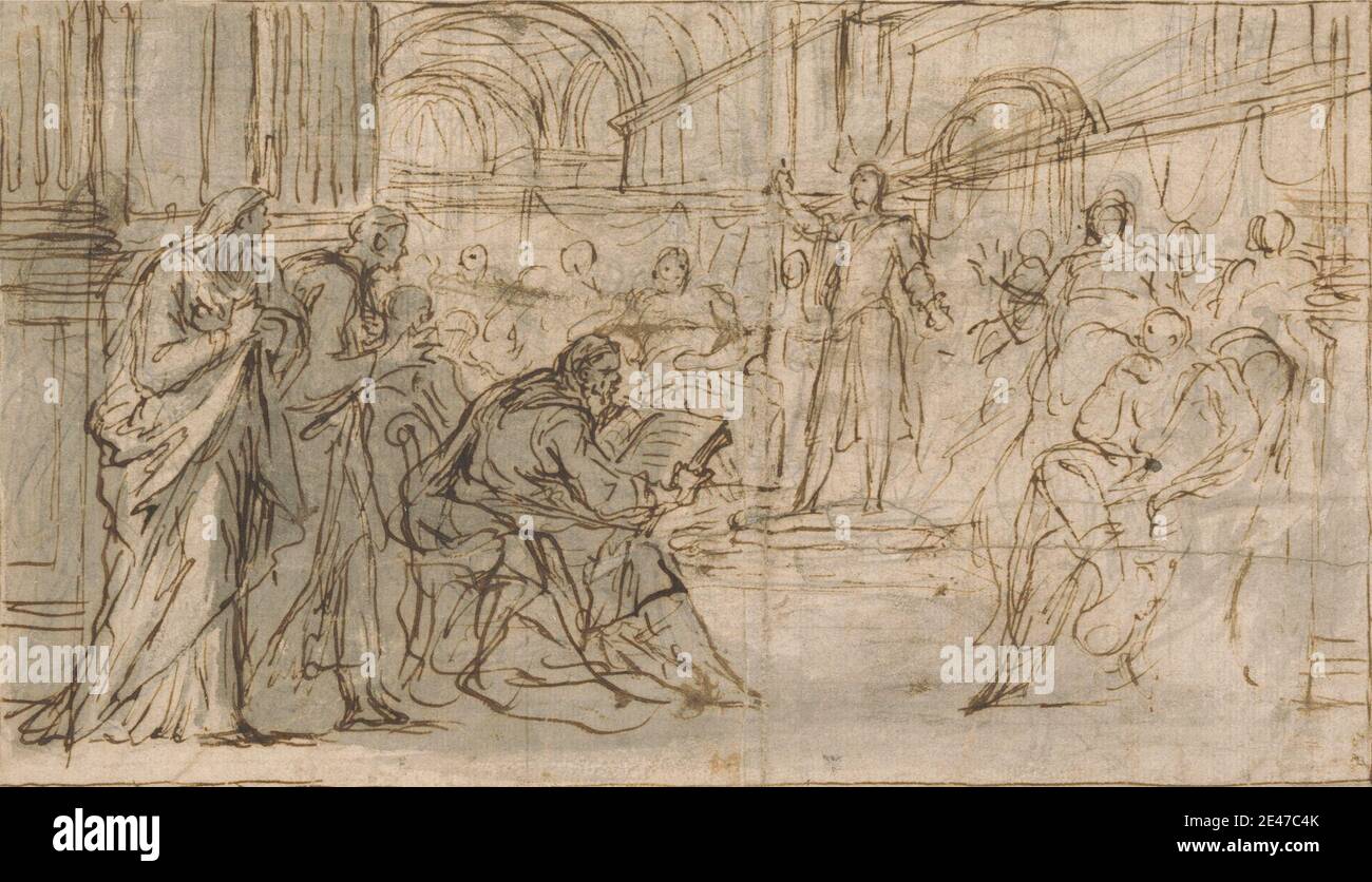 Louis Laguerre, 1663–1721, francese, attivo in Gran Bretagna (da ca. 1684), Cristo disputando con gli anziani del Tempio, non ha più luogo. Penna e inchiostro marrone con lavaggio grigio su grafite su carta leggermente spessa e cremosa. Libro , disputa , anziani , soggetto religioso e mitologico , tempio. Gesù Cristo (dal 7-2 a.C./a.C. al 30-36 d.C.) Foto Stock