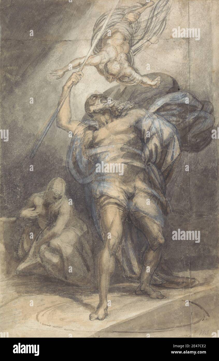 William Young Otley, 1771–1836, inglese, Prospero Summoning Ariel, ca. 1800. Acquerello, grafite, gouache, gesso bianco, E inchiostro nero e penna su carta media, leggermente testurizzata, bianca. capo , grotta , volo , tema letterario , magia , mago , uomo , opere di William Shakespeare , accappatoio , spirito , staff , la Tempesta, opera di William Shakespeare , donna. Prospero (personaggio nella Tempesta) Miranda (personaggio nella Tempesta) Ariel (personaggio nella Tempesta) Shakespeare, William (1564–1616), drammaturgo e poeta Foto Stock