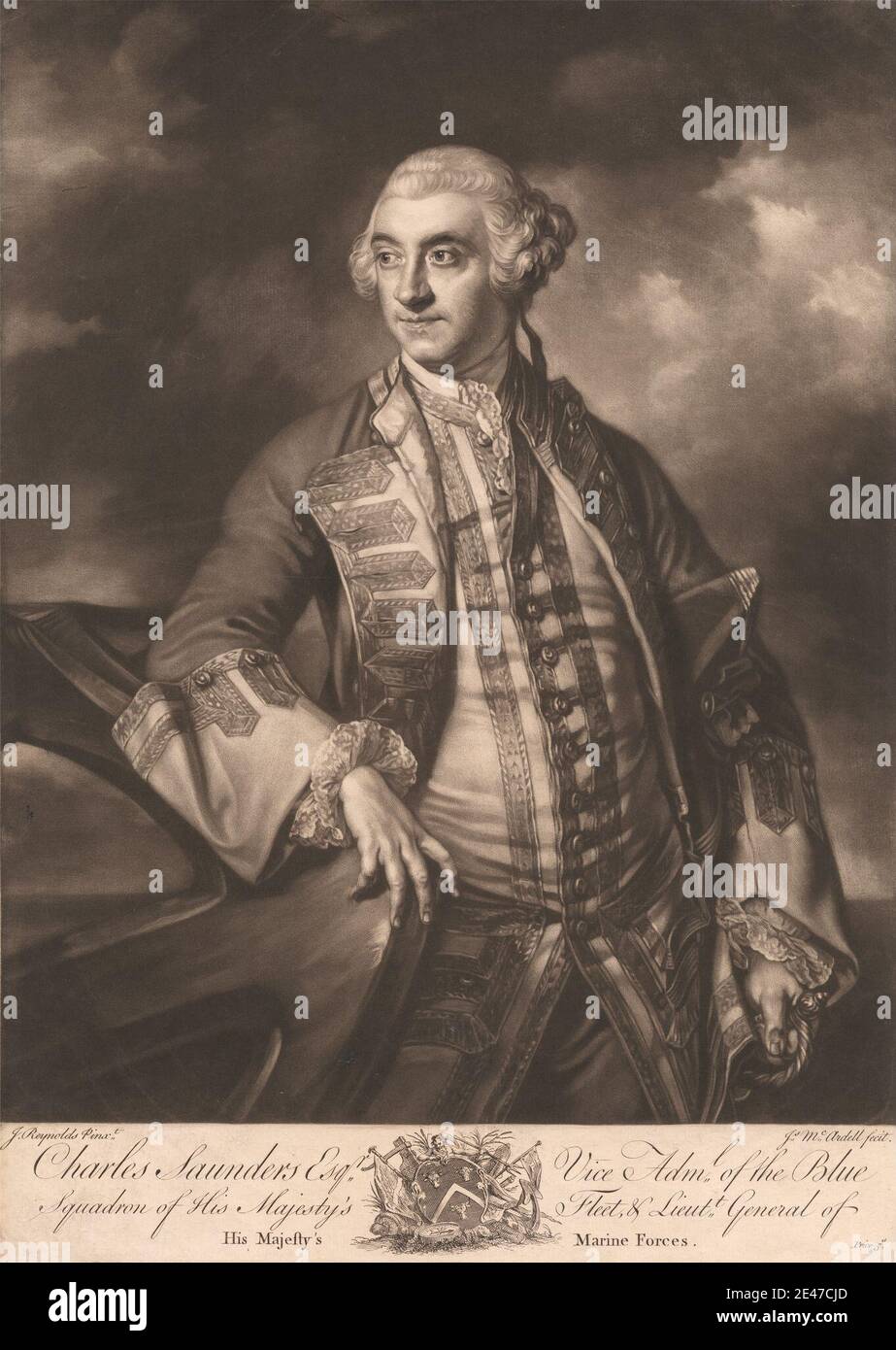 James McArdell, ca. 1729–1765, irlandese, Charles Saunders Esq., vice ammiraglio dello Squadrone Blu della flotta di sua Maestà, e tenente generale delle forze marine di sua Maestà. Mezzotinta. Dominio pubblico Foto Stock