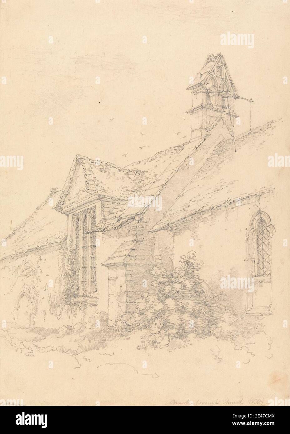 Thomas Hearne, 1744–1817, British, Brackenborough Church, Wiltshire, senza dati. Grafite su carta wove beige di spessore moderato, leggermente testurizzata. Soggetto architettonico , edificio , cespugli , camino , chiesa , porta , portale , vetrate , finestra. Inghilterra , Europa , Regno Unito , Wiltshire Foto Stock