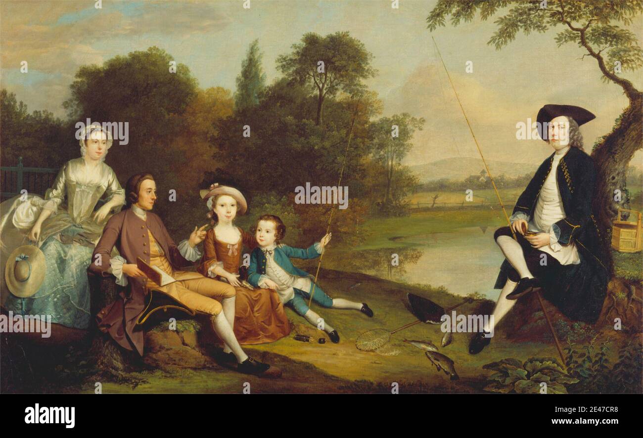 Arthur Devis, 1712–1787, inglese, Ritratto di una famiglia, tradizionalmente conosciuto come la famiglia swaine di Fencroft, Cambridgeshire, 1749. Olio su tela. Libro , ragazzo , bambini , pezzo conversazione , cane (animale) , famiglia , recinzione , fichu , pesce , pesca , ragazza , cappello , mantova , uomini , petticoat , ritratto , lettura , acqua , donne Foto Stock