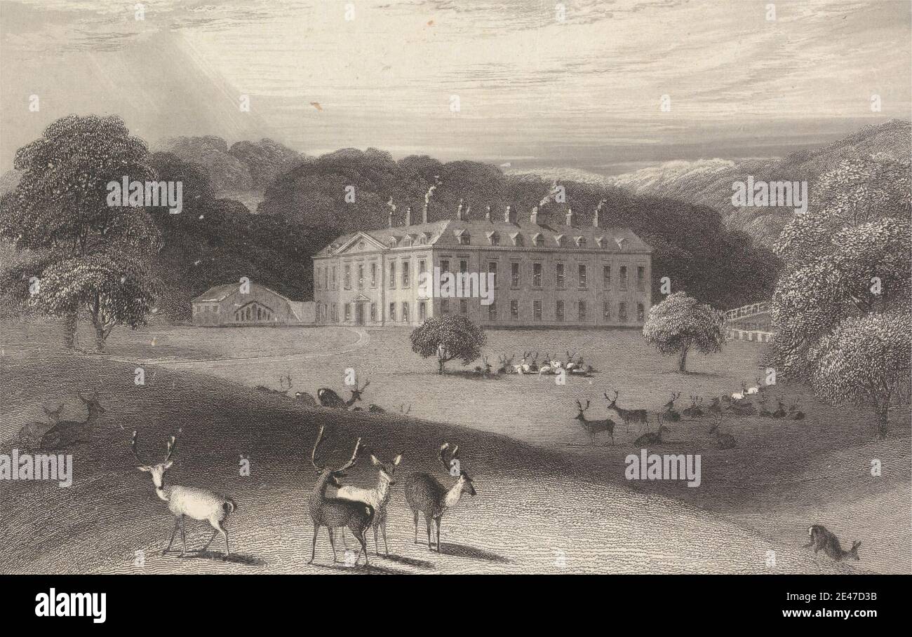 James Redway, attivo dal 1827 al 1838, Althorp Castle, Northamptonshire, senza dati. Incisione e incisione su carta di wove crema di spessore moderato, leggermente testurizzata con collé di creme. Soggetto architettonico , casa di campagna , cervo , colline , paesaggio , palazzo , alberi. Althorp , Inghilterra , Europa , Northamptonshire , Regno Unito Foto Stock