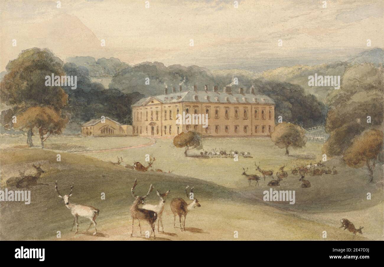 William Daniell, 1769–1837, inglese, Althorp House, Northamptonshire, senza dati. Acquerello e grafite con raschiatura su carta di wove crema leggermente spessa. Soggetto architettonico , casa di campagna , cervi , campi , colline , paesaggio , palazzo , alberi. Althorp , Inghilterra , Europa , Northamptonshire , Regno Unito Foto Stock