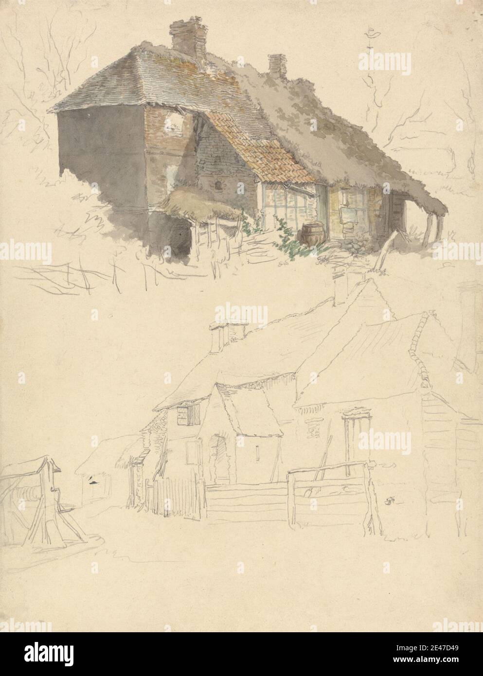 Robert Hills, 1769–1844, inglese, schizzi di Cottages: Due studi su un foglio, non datato. Acquerello e grafite su carta media, leggermente testurizzata, crema di wove. Soggetto architettonico , barile , cottage , recinzione , tetto , capanne , studi (opere visive) Foto Stock