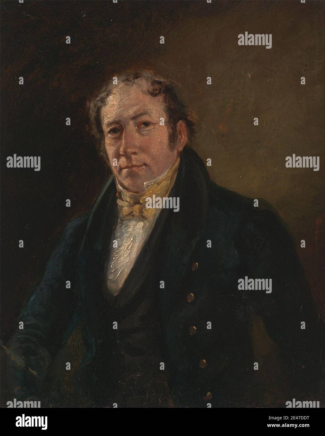 Artista sconosciuto, diciannovesimo secolo, un uomo chiamato Thomas Bewick (?), ca. 1820. Olio a bordo. ascot , sfondo , bottoni , cappotto , cravat , uomo , ritratto. Bewick, Thomas Foto Stock