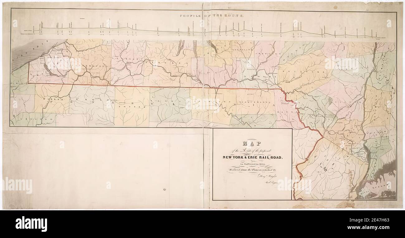 Mappa del percorso della proposta New York & Erie Railroad come intervistato nel 1834 su fondo bianco Foto Stock